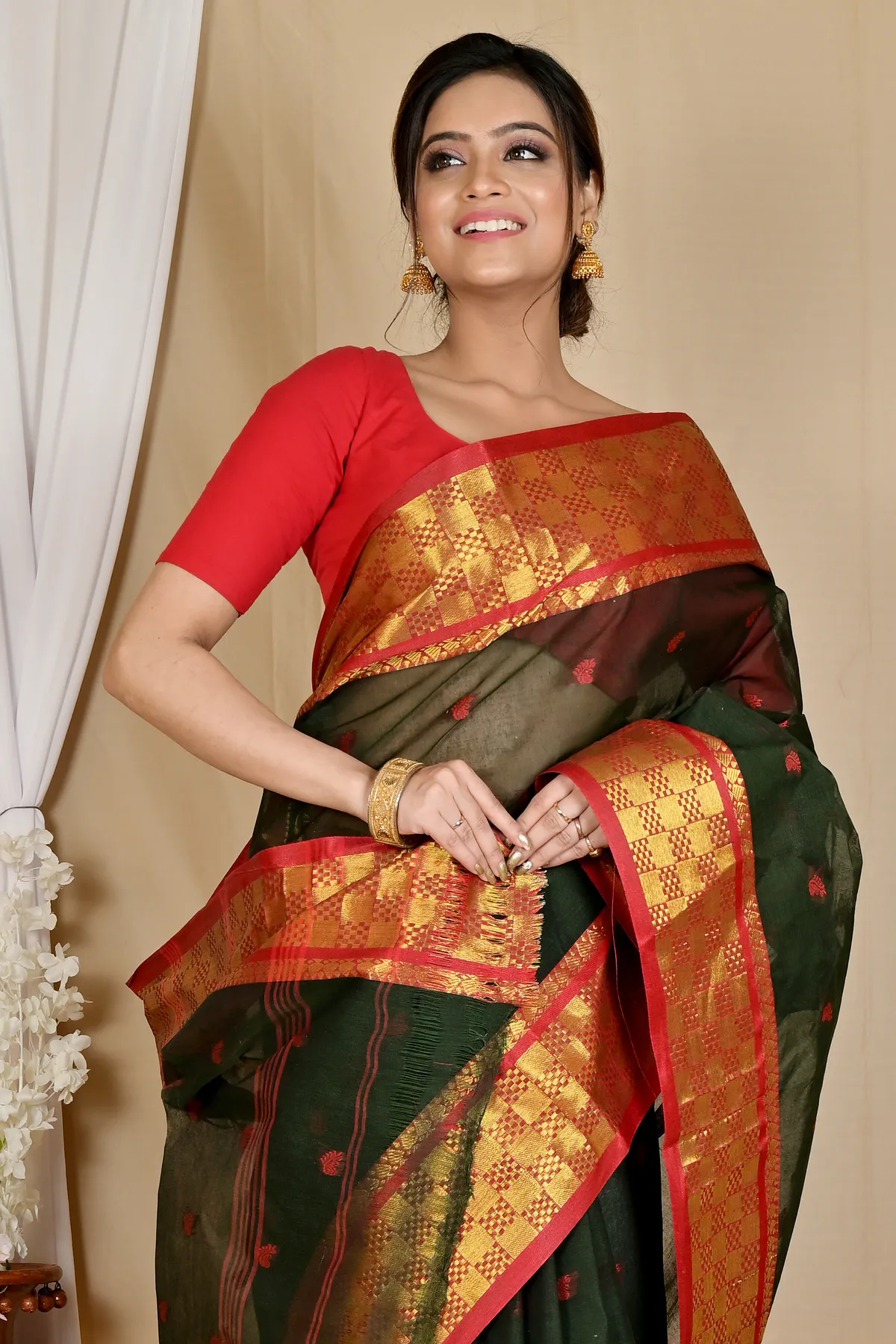 DipDiya Pure Cotton Dark Green Atula Bengal’s Legacy Tant Sarees