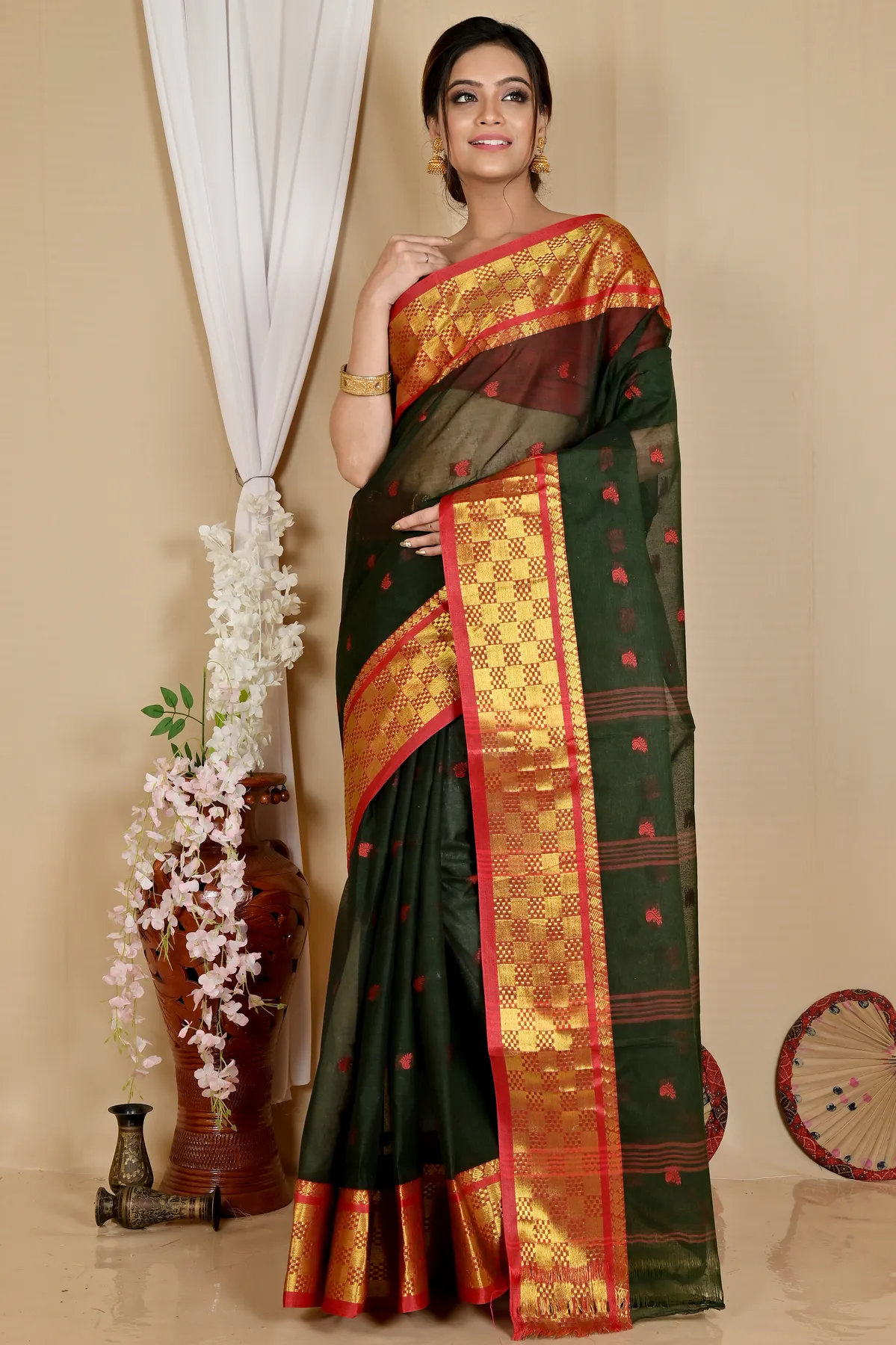 DipDiya Pure Cotton Dark Green Atula Bengal’s Legacy Tant Sarees