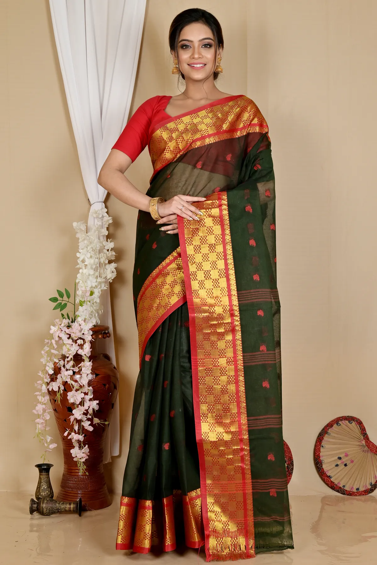 DipDiya Pure Cotton Dark Green Atula Bengal’s Legacy Tant Sarees
