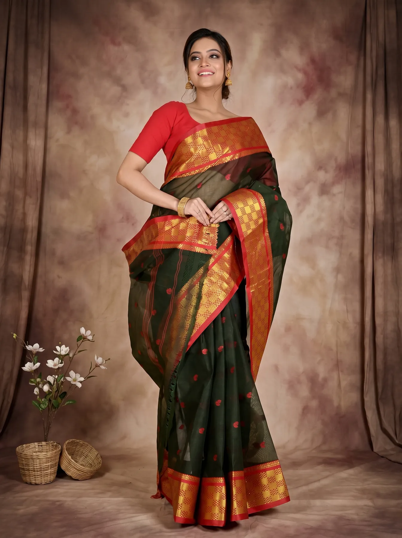DipDiya Pure Cotton Dark Green Atula Bengal’s Legacy Tant Sarees