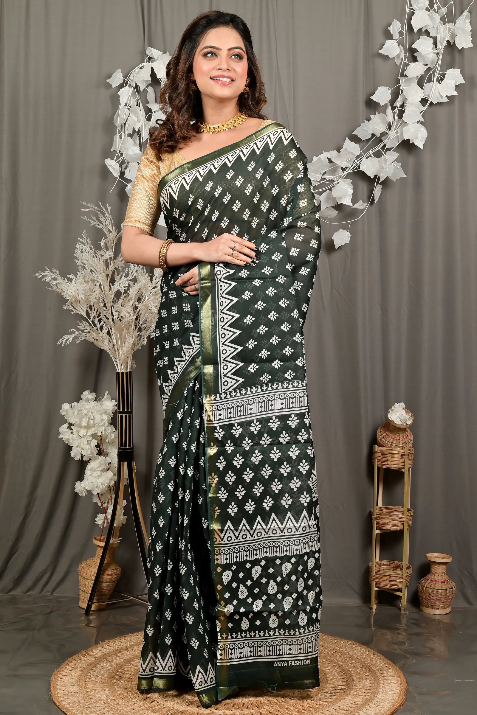 DipDiya Pure Cotton Dark Green Febasi Bengal in Every Thread Batik Print Sarees