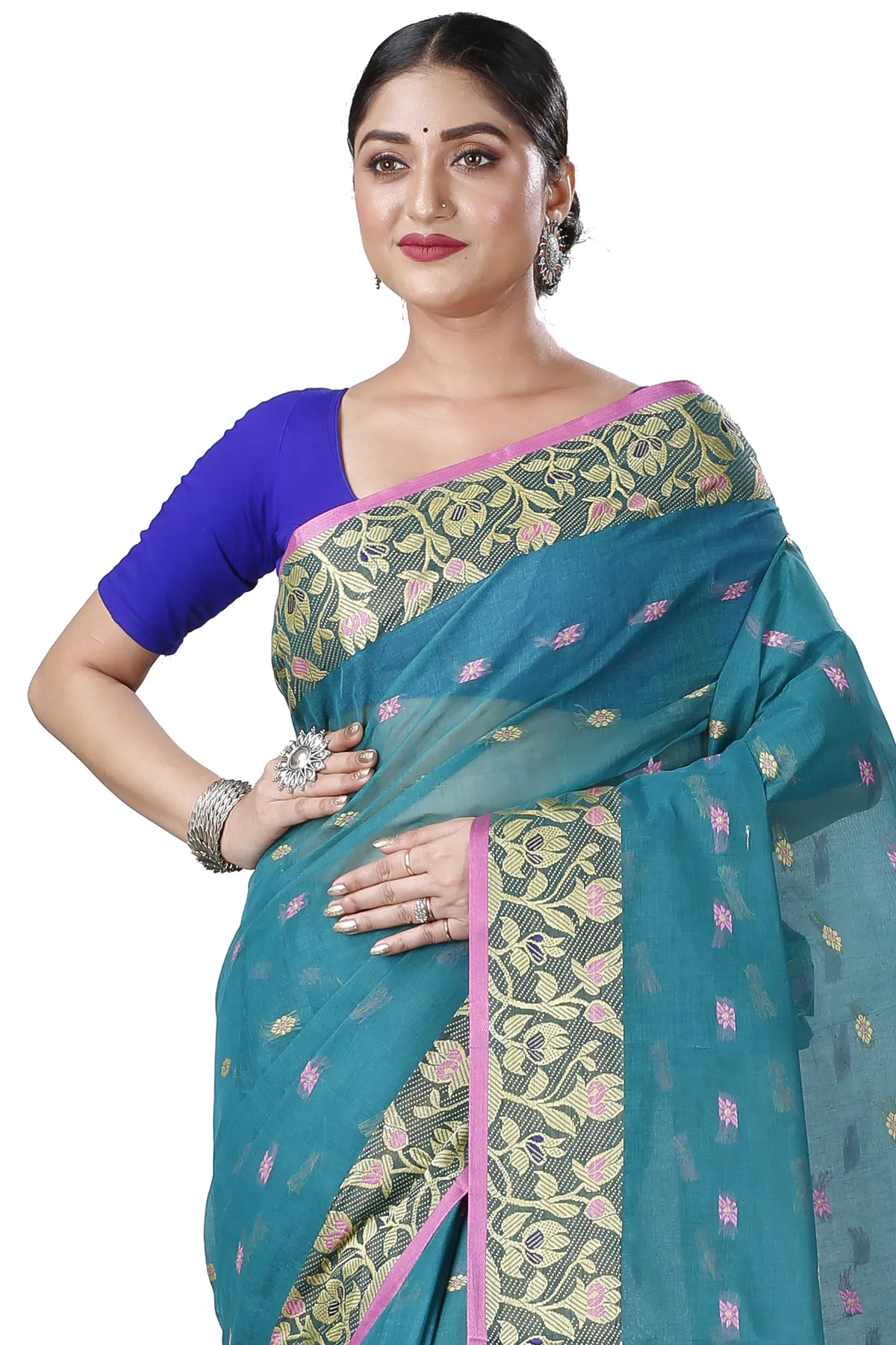 DipDiya Pure Cotton Dark Green Gopika Essence of Bengal Tant Sarees