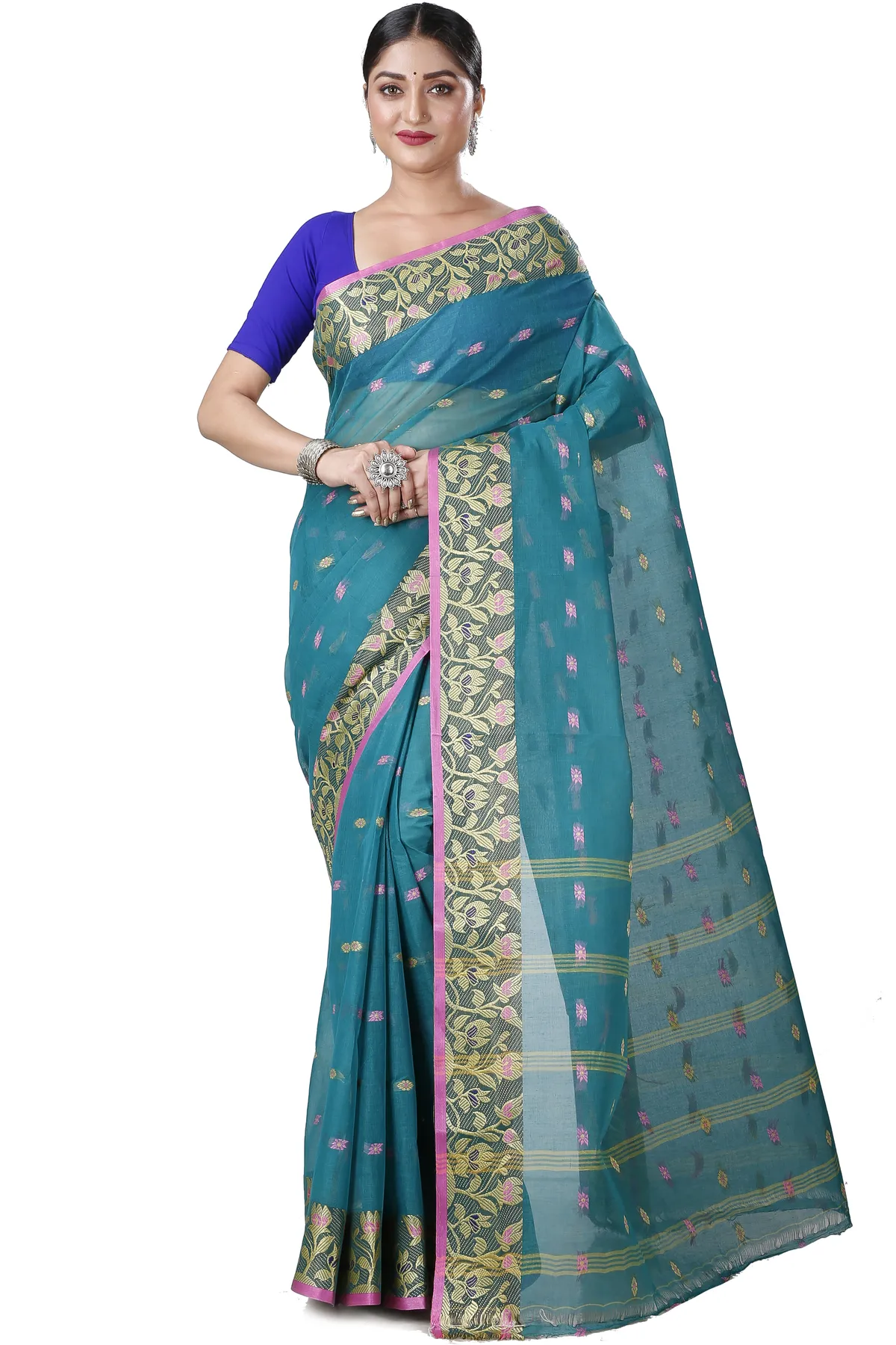 DipDiya Pure Cotton Dark Green Gopika Essence of Bengal Tant Sarees