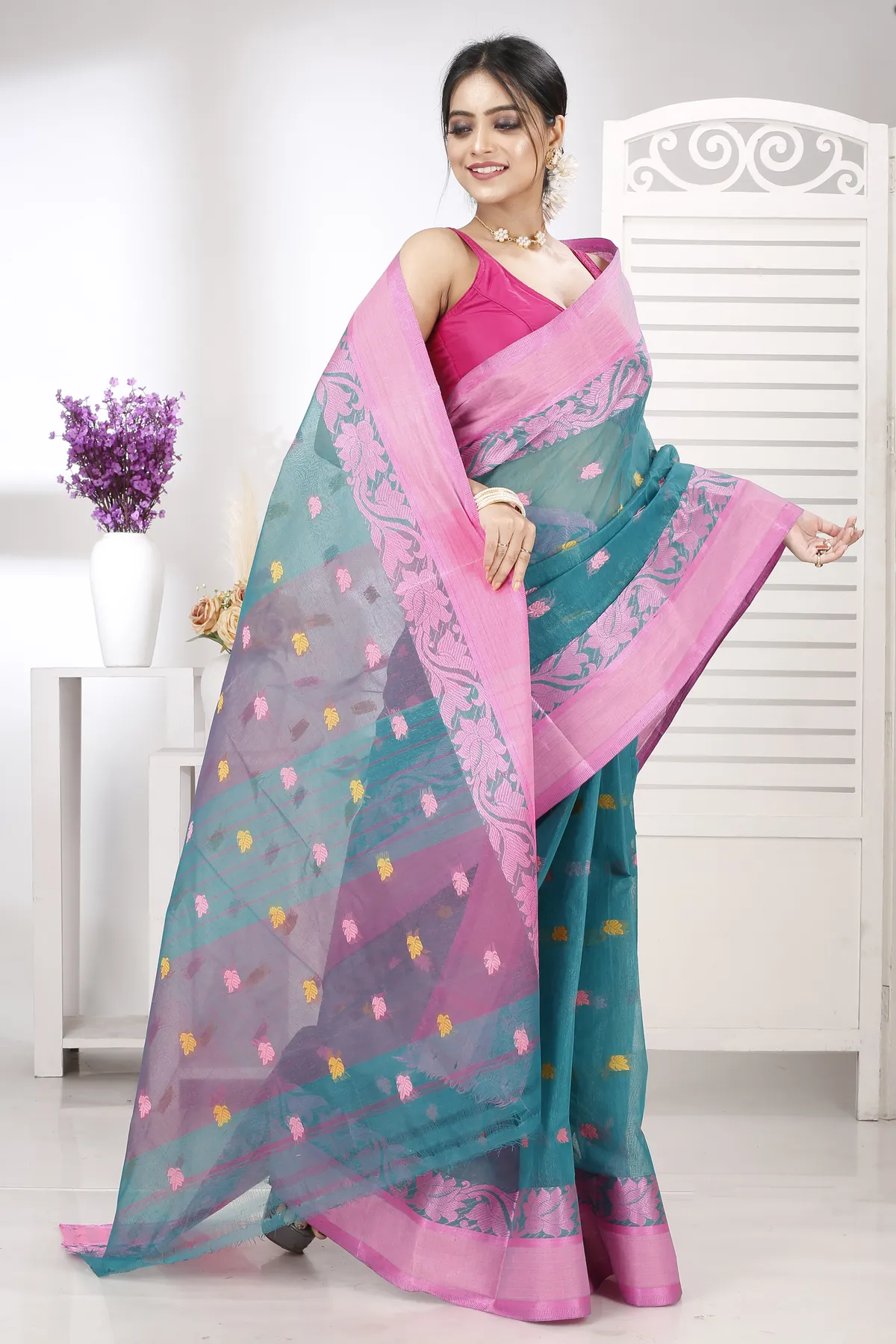 DipDiya Pure Cotton Dark Green Guti Loom to Love Tant Sarees
