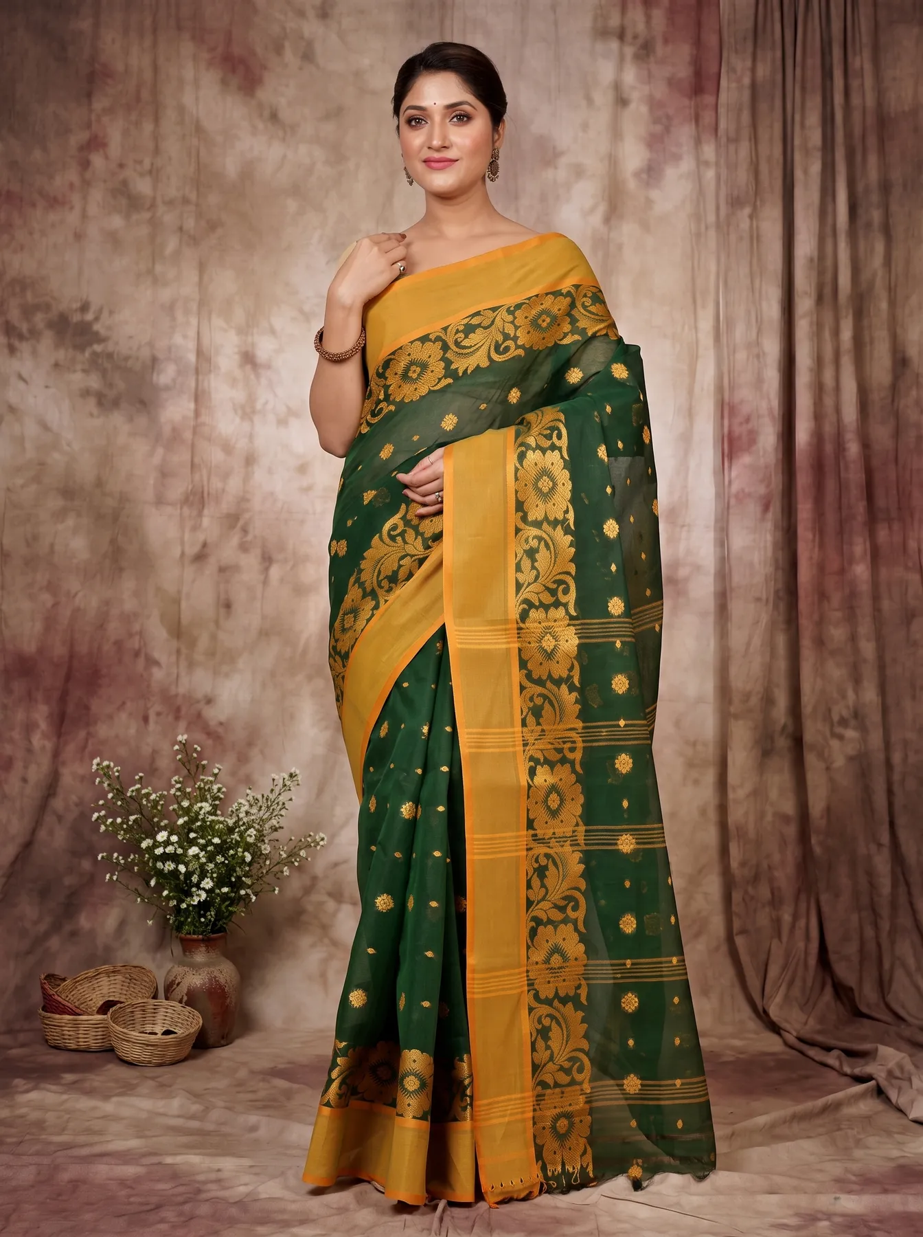 DipDiya Pure Cotton Dark Green Heruka Crafted in Bengal Tant Sarees