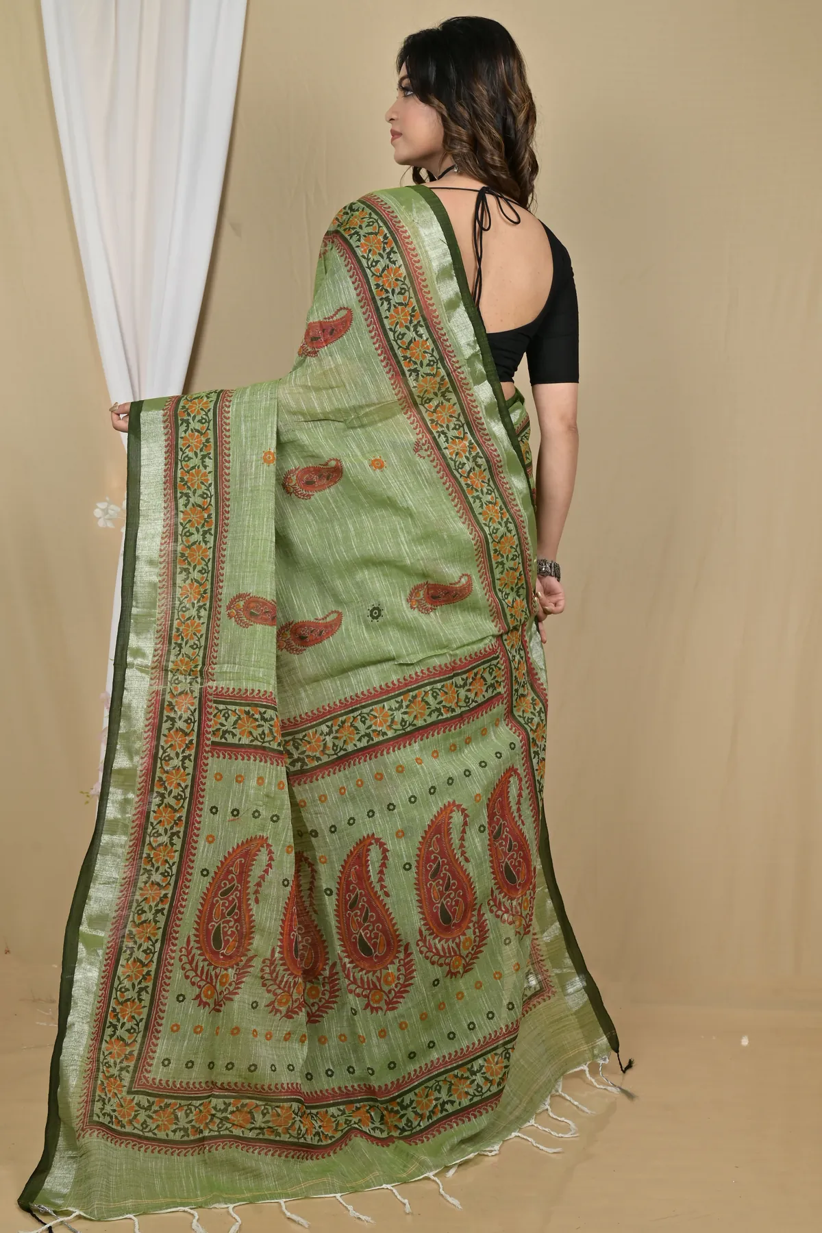 DipDiya Pure Cotton Dark Green Hilda Rooted in Bengal Printed Handloom Sarees
