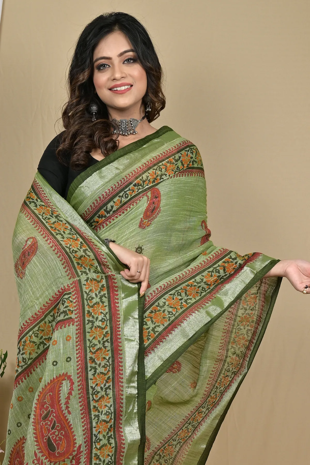 DipDiya Pure Cotton Dark Green Hilda Rooted in Bengal Printed Handloom Sarees