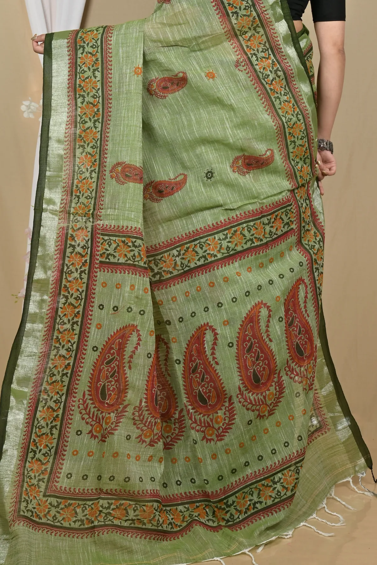 DipDiya Pure Cotton Dark Green Hilda Rooted in Bengal Printed Handloom Sarees