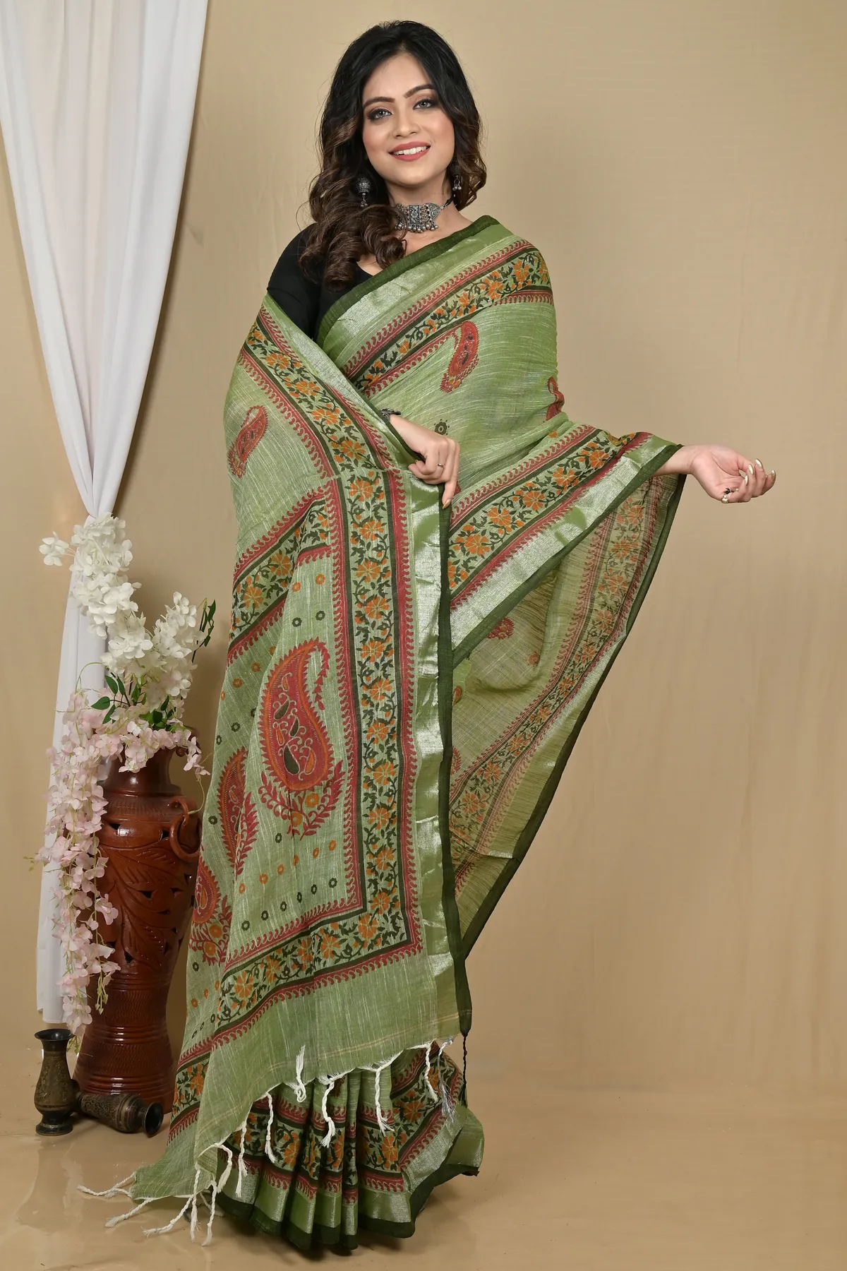 DipDiya Pure Cotton Dark Green Hilda Rooted in Bengal Printed Handloom Sarees