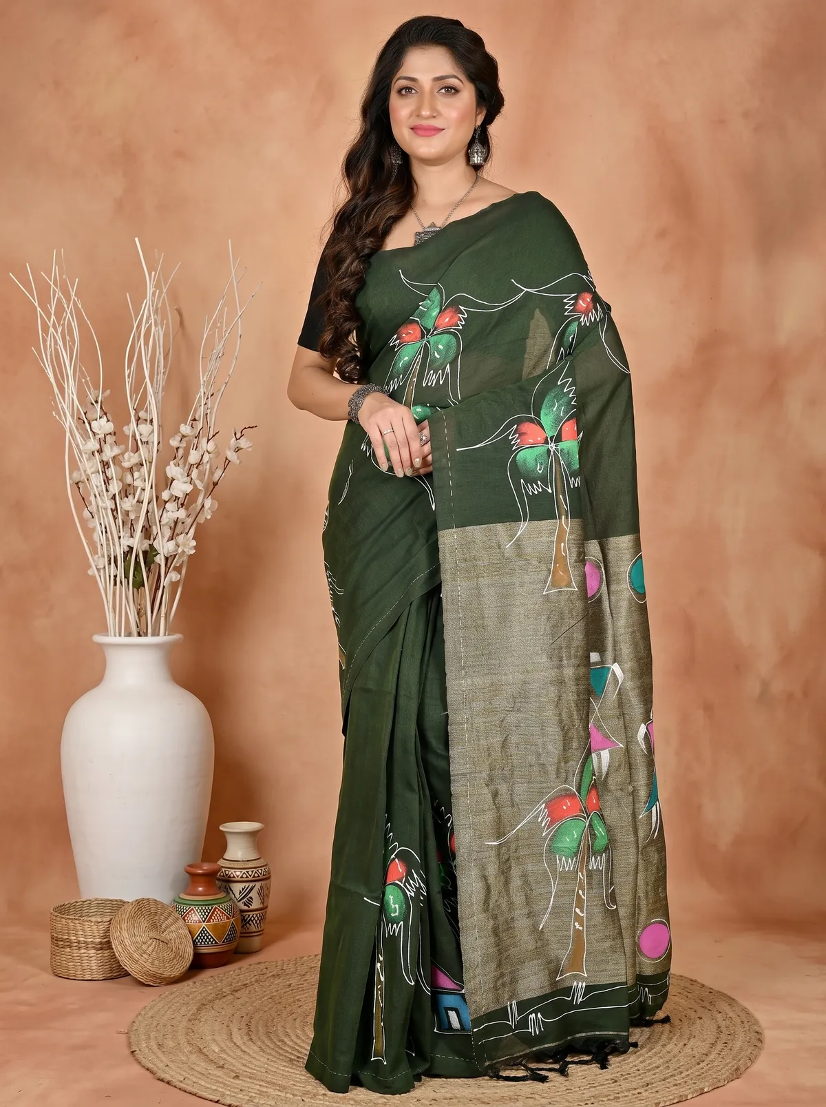 DipDiya Pure Cotton Dark Green Keshaka Woven by Hand Hand Painted Sarees