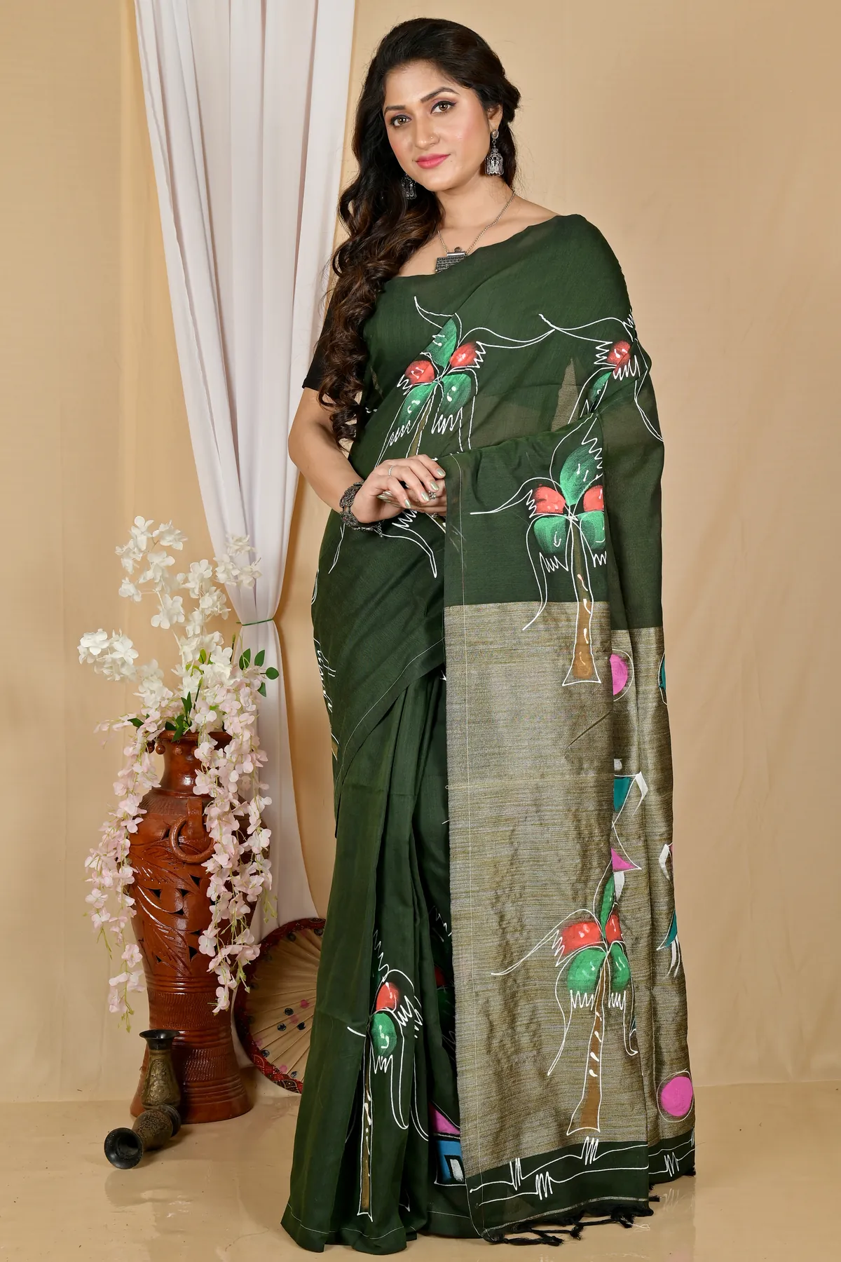 DipDiya Pure Cotton Dark Green Keshaka Woven by Hand Hand Painted Sarees