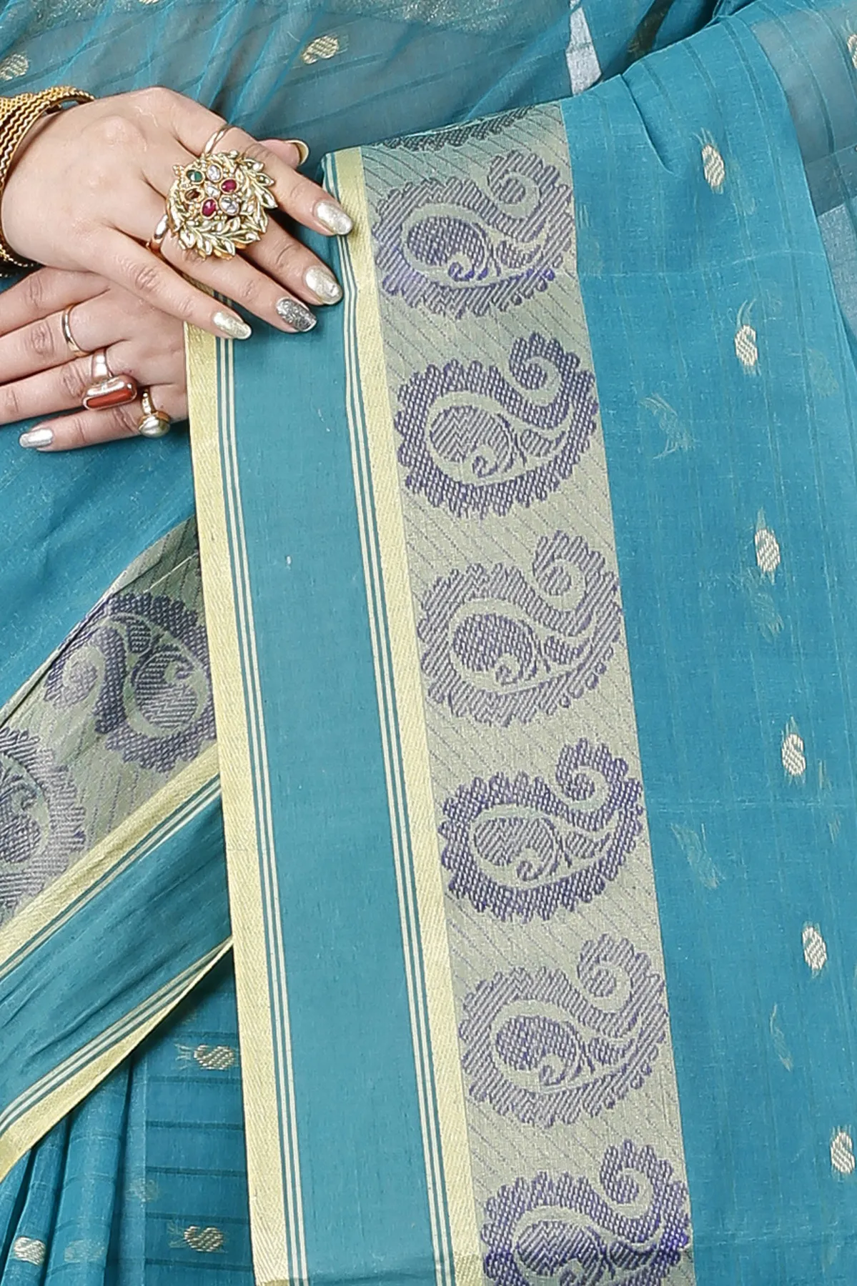 DipDiya Pure Cotton Dark Green Kolka Guti Heritage You Can Wear Tant Sarees