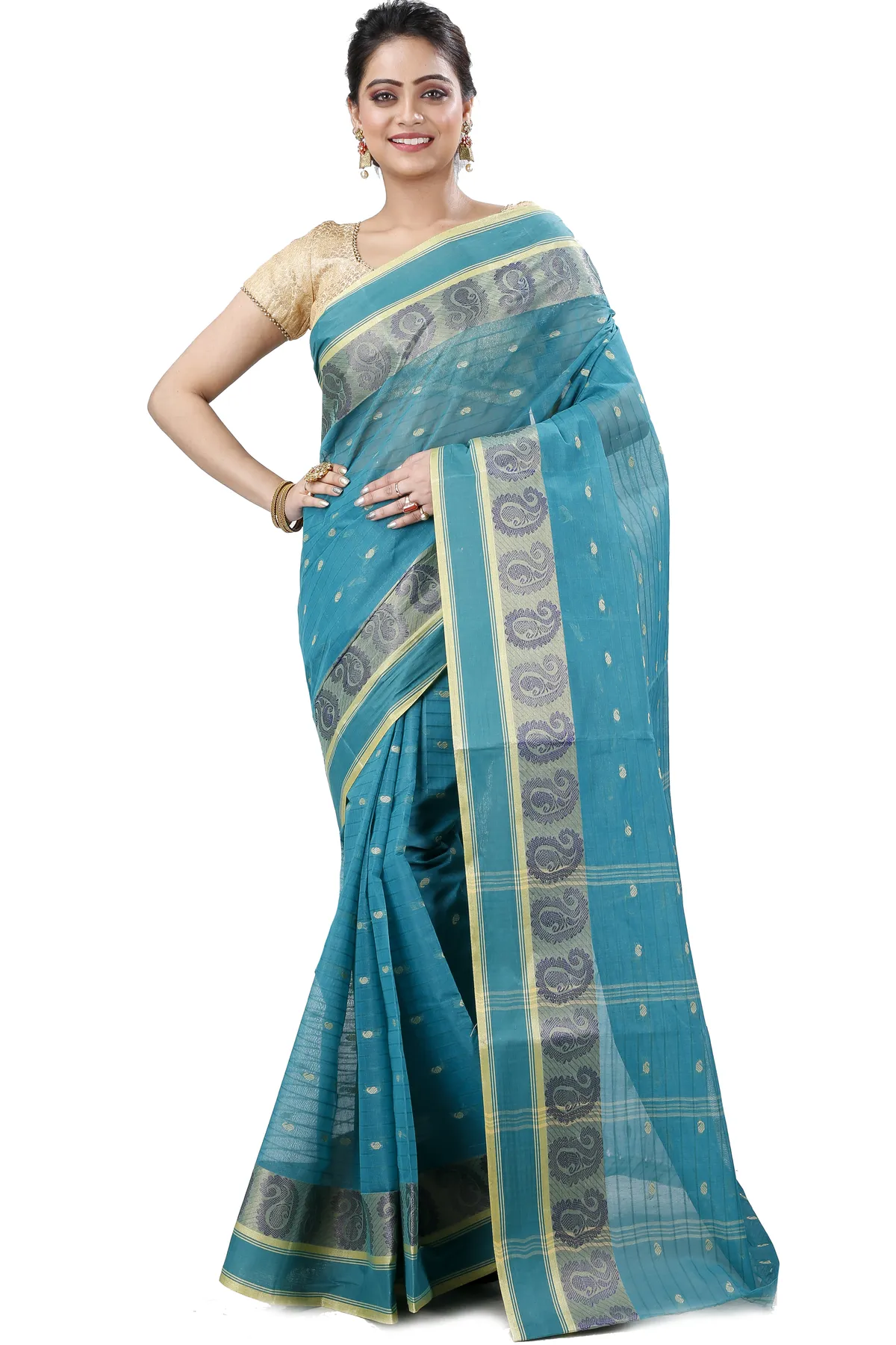 DipDiya Pure Cotton Dark Green Kolka Guti Heritage You Can Wear Tant Sarees