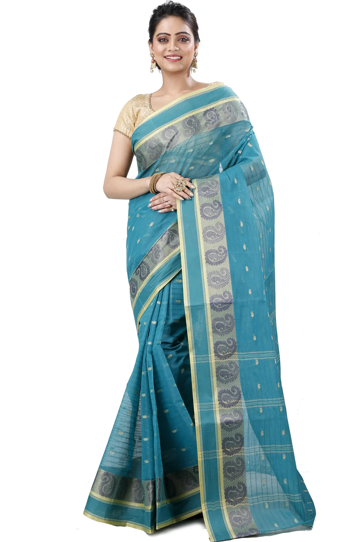 DipDiya Pure Cotton Dark Green Kolka Guti Heritage You Can Wear Tant Sarees