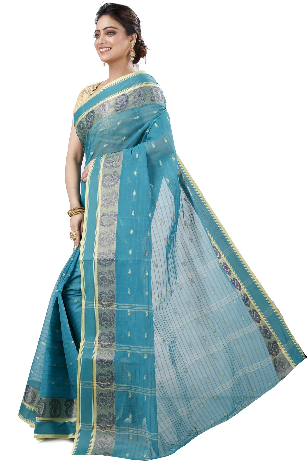 DipDiya Pure Cotton Dark Green Kolka Guti Heritage You Can Wear Tant Sarees