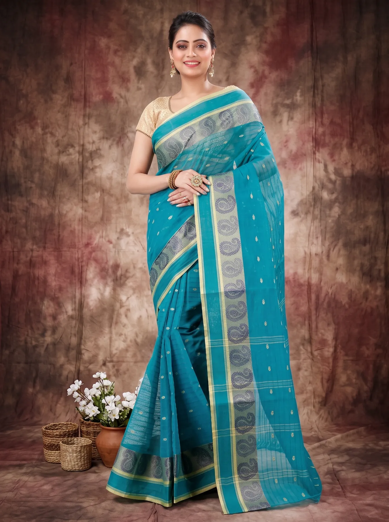 DipDiya Pure Cotton Dark Green Kolka Guti Heritage You Can Wear Tant Sarees