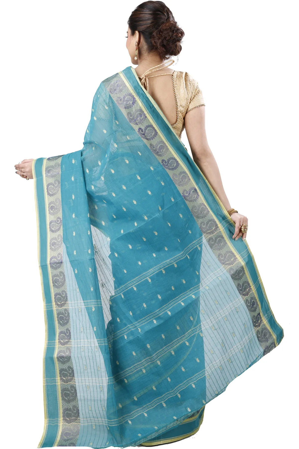 DipDiya Pure Cotton Dark Green Kolka Guti Heritage You Can Wear Tant Sarees