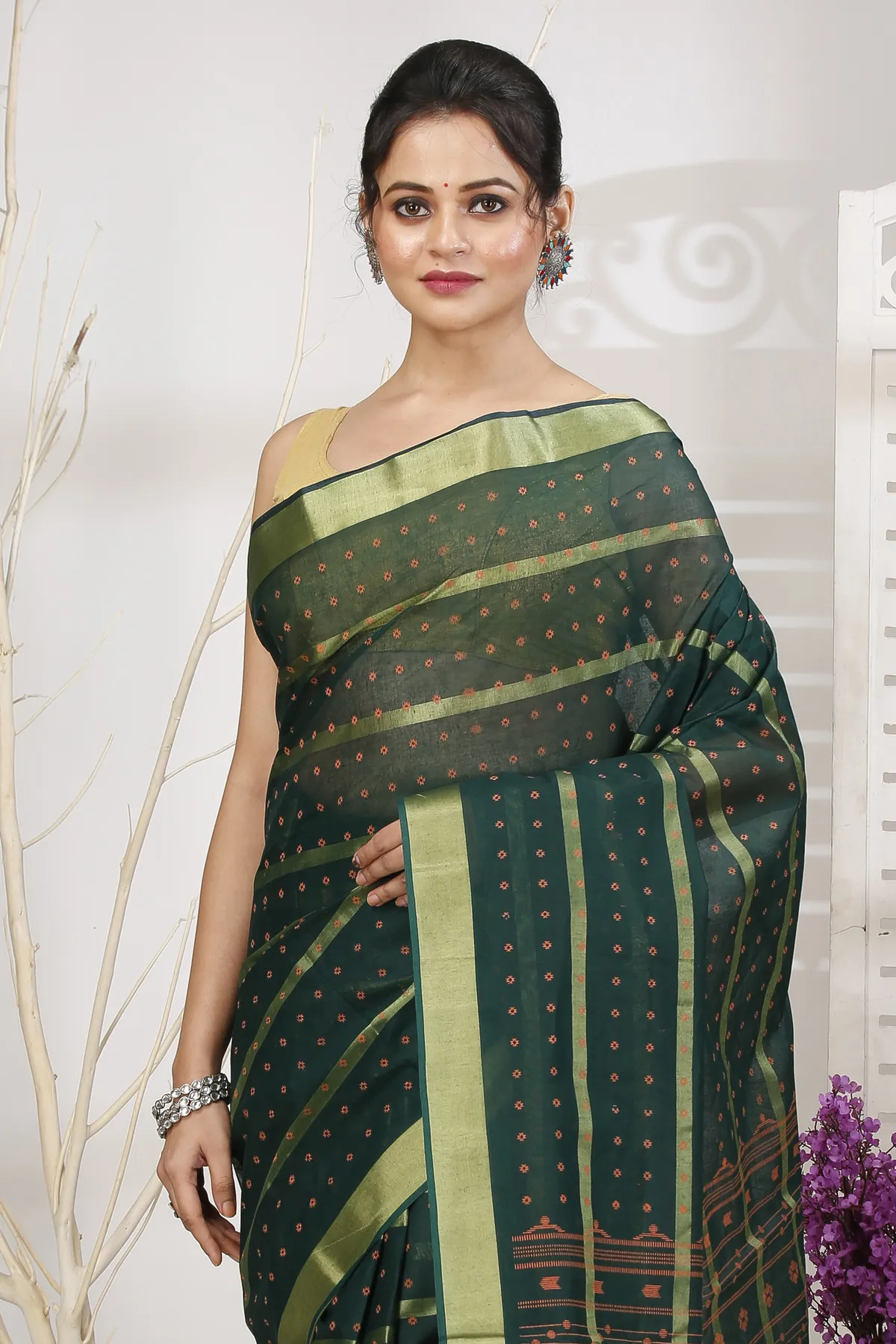 DipDiya Pure Cotton Dark Green Mera Classic Grace Tant Sarees