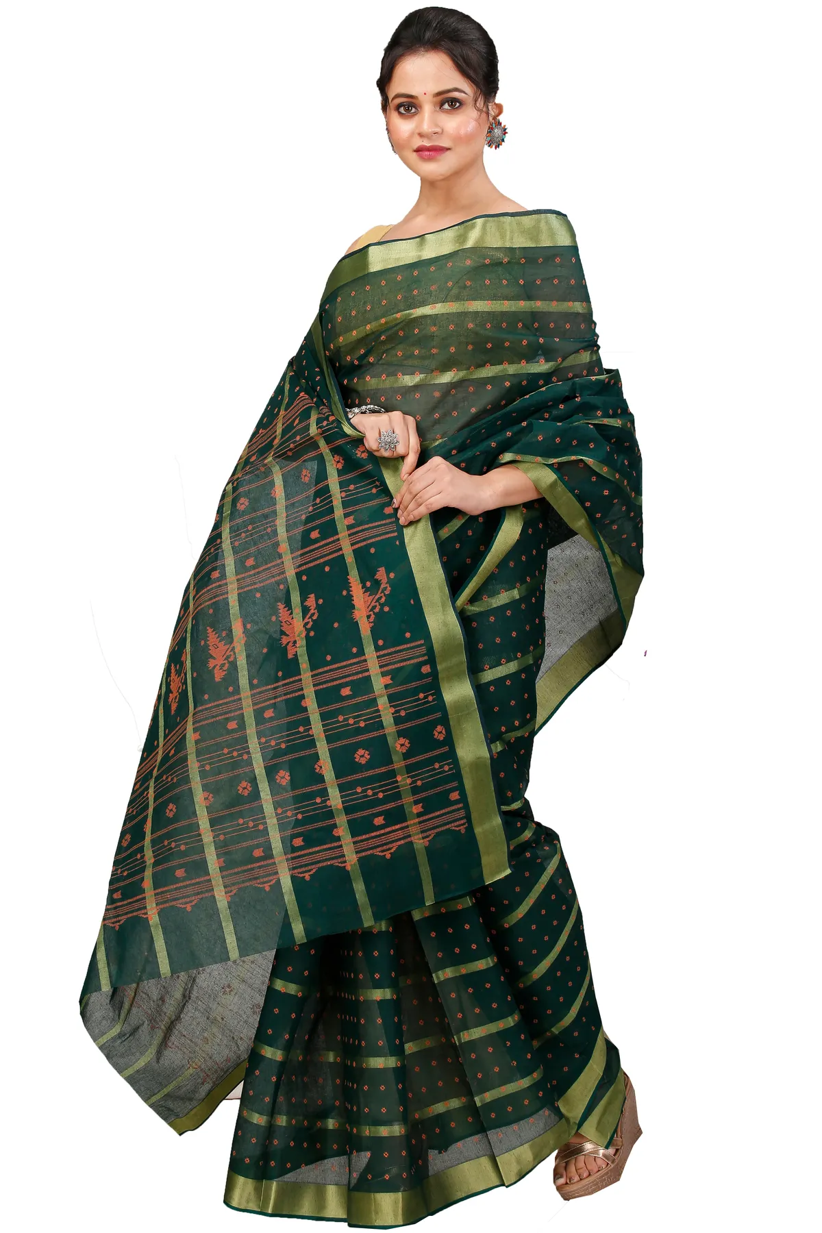 DipDiya Pure Cotton Dark Green Mera Classic Grace Tant Sarees