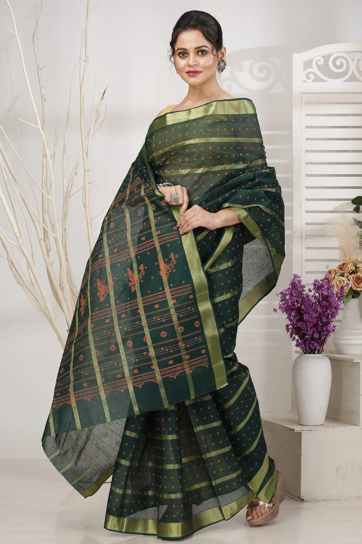 DipDiya Pure Cotton Dark Green Mera Classic Grace Tant Sarees
