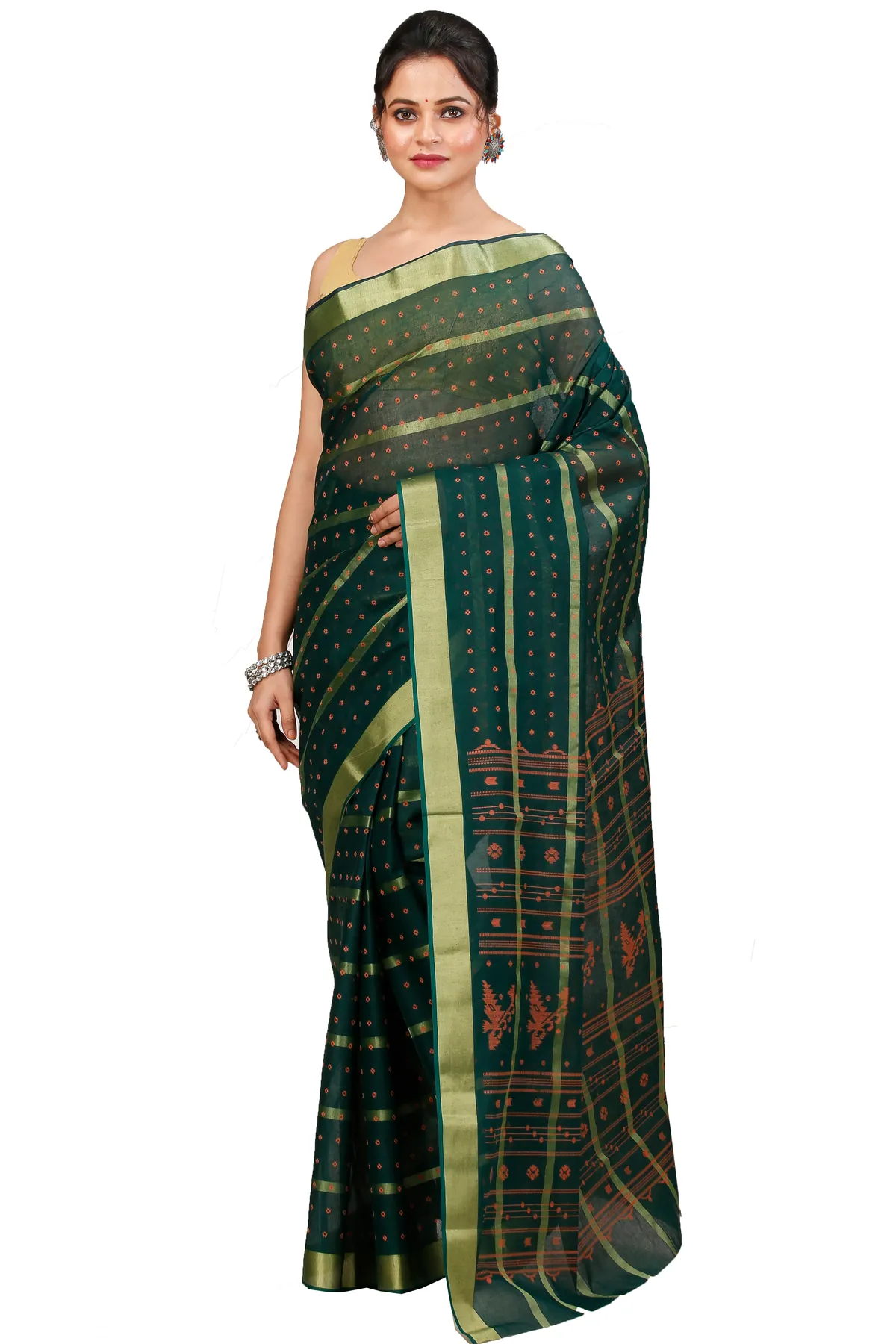 DipDiya Pure Cotton Dark Green Mera Classic Grace Tant Sarees