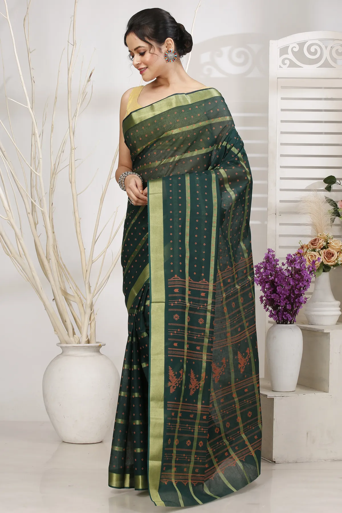 DipDiya Pure Cotton Dark Green Mera Classic Grace Tant Sarees