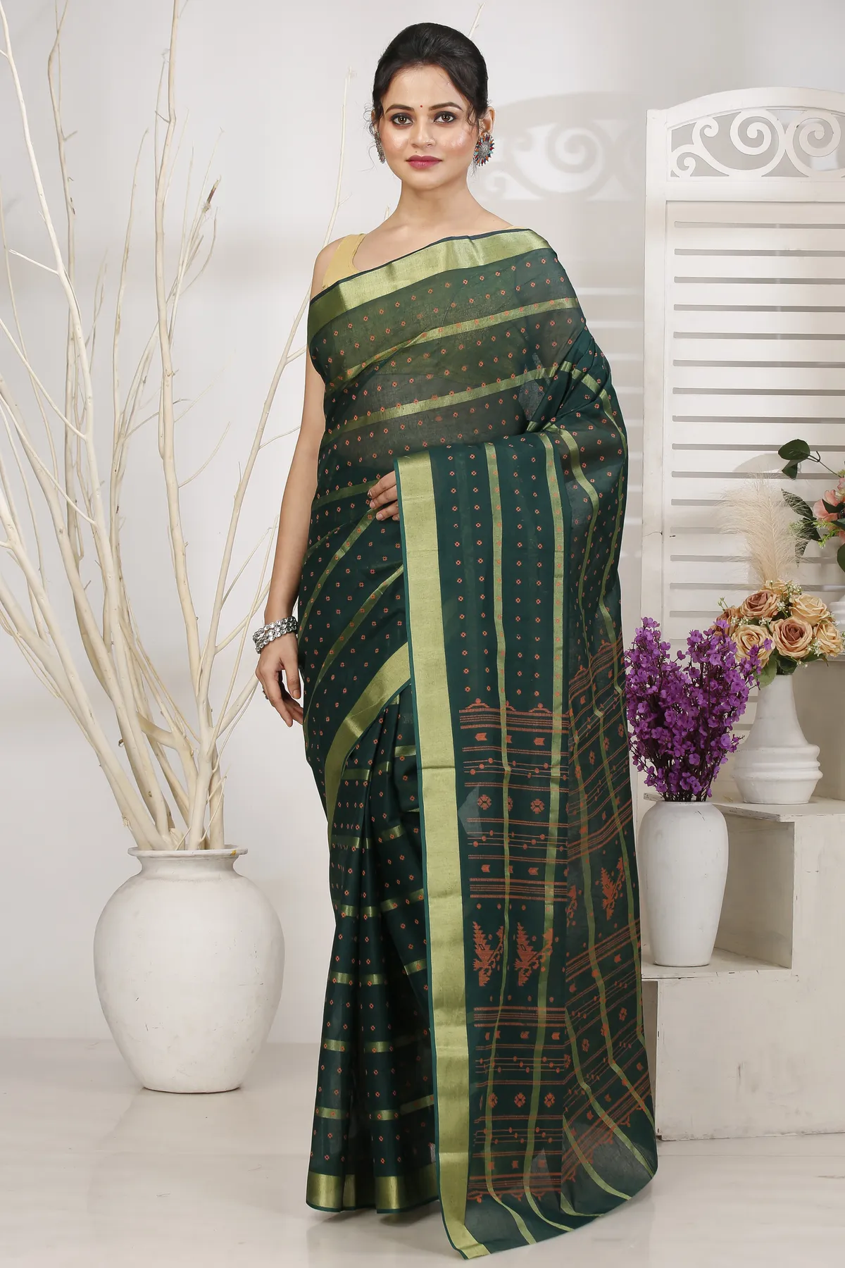 DipDiya Pure Cotton Dark Green Mera Classic Grace Tant Sarees