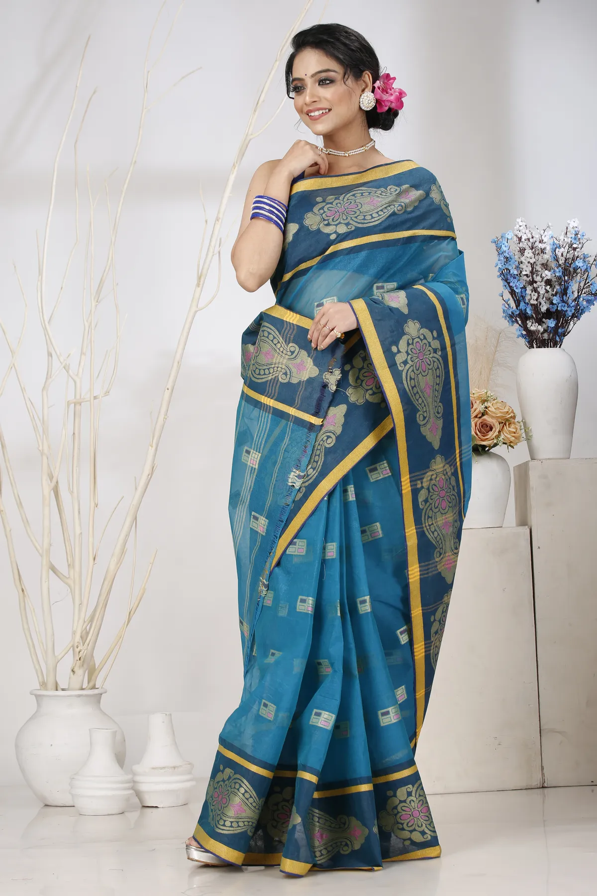 DipDiya Pure Cotton Dark Green Mitul The Bengali Classic Tant Sarees