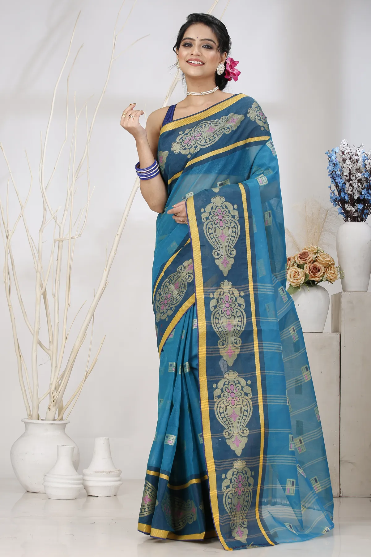 DipDiya Pure Cotton Dark Green Mitul The Bengali Classic Tant Sarees