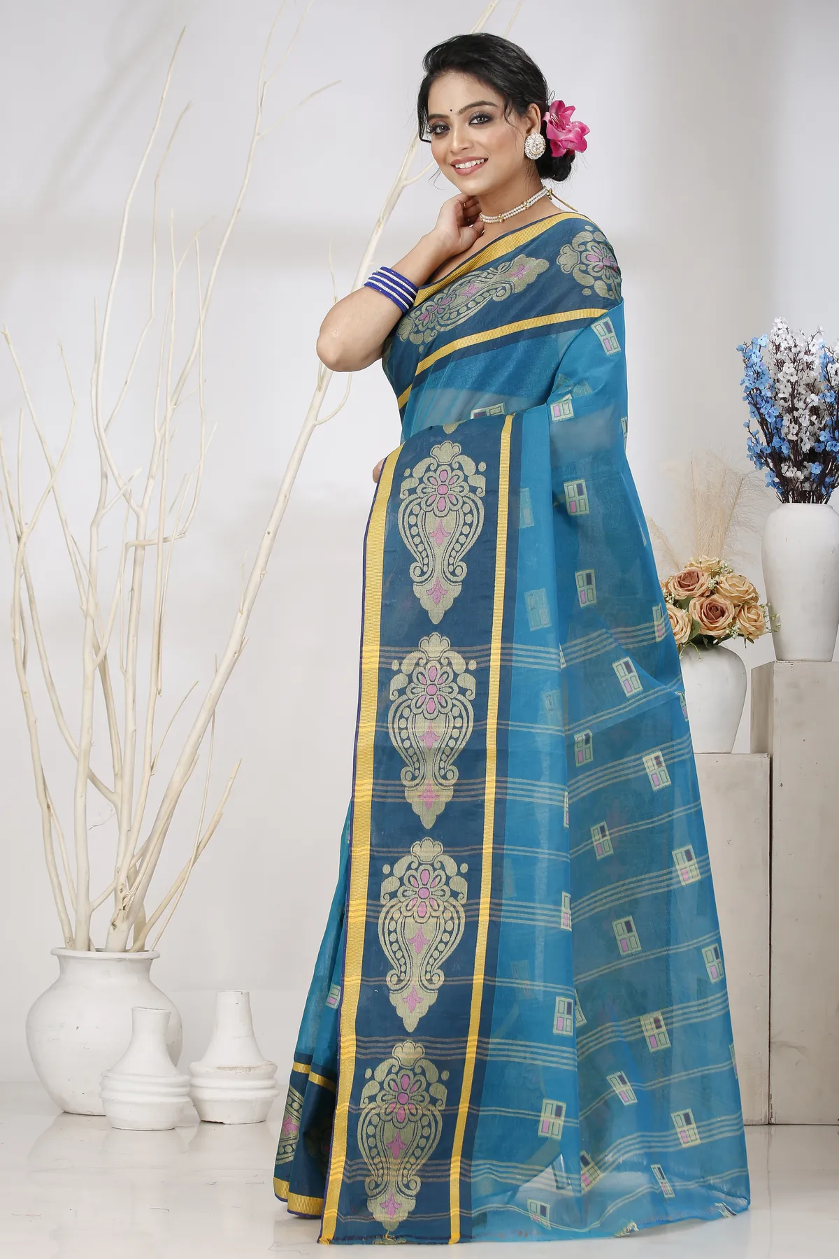 DipDiya Pure Cotton Dark Green Mitul The Bengali Classic Tant Sarees
