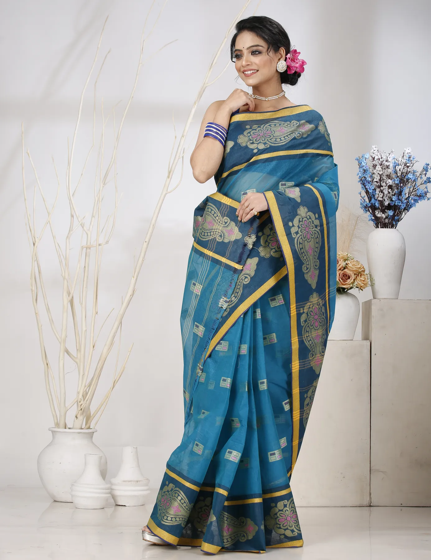 DipDiya Pure Cotton Dark Green Mitul The Bengali Classic Tant Sarees