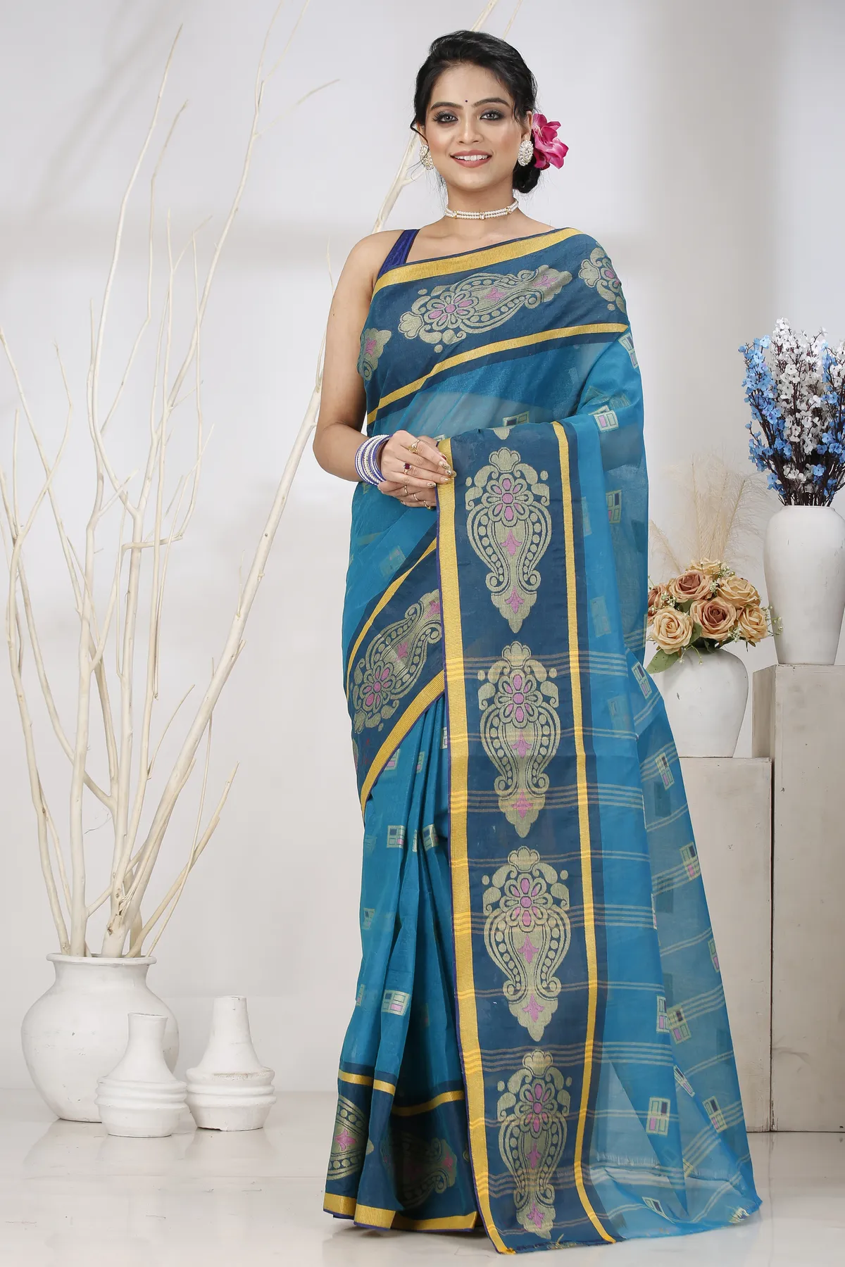 DipDiya Pure Cotton Dark Green Mitul The Bengali Classic Tant Sarees