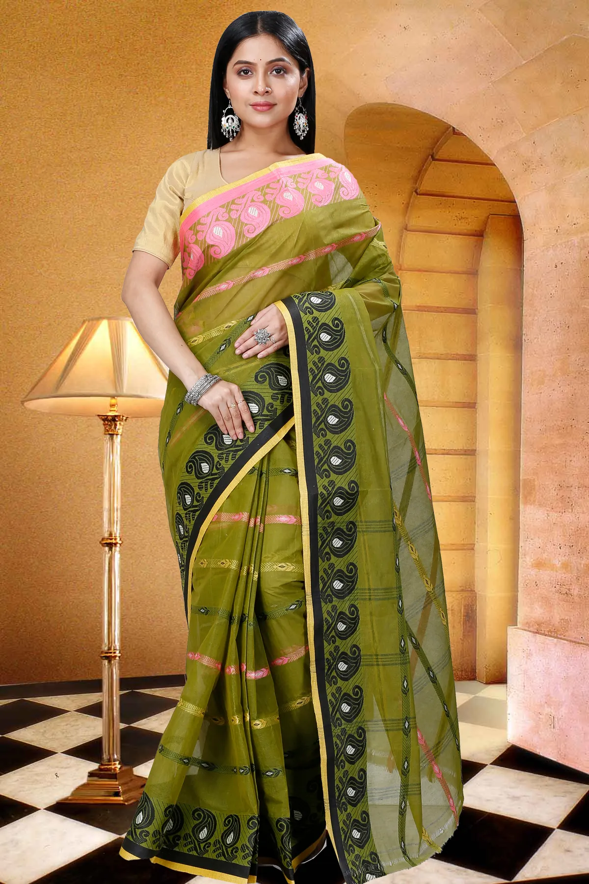 DipDiya Pure Cotton Dark Green Nehan Grace of Bengal Tant Sarees