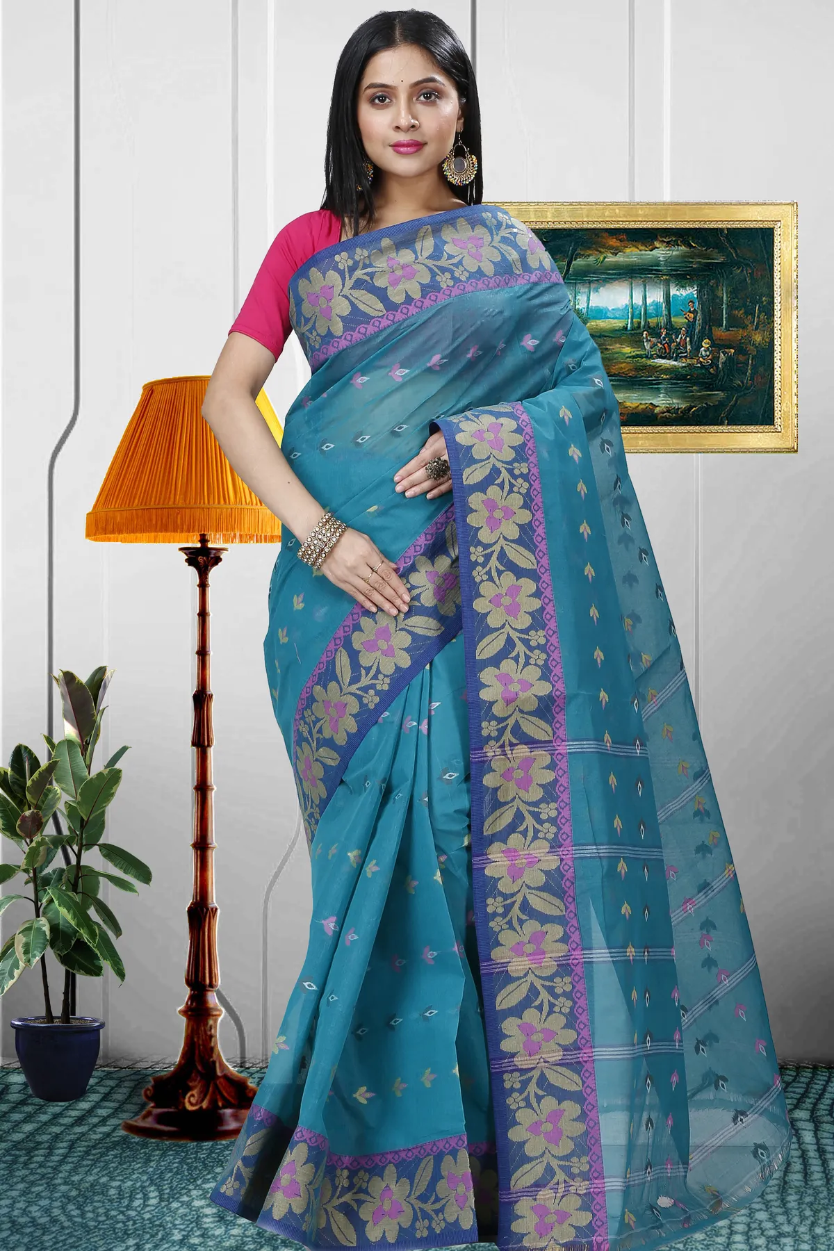 DipDiya Pure Cotton Dark Green Numan Pure Bengali Grace Tant Sarees