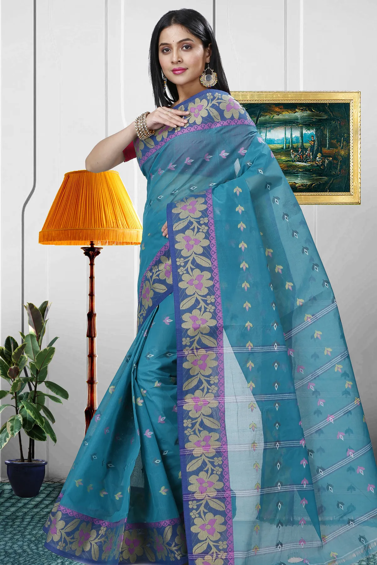 DipDiya Pure Cotton Dark Green Numan Pure Bengali Grace Tant Sarees