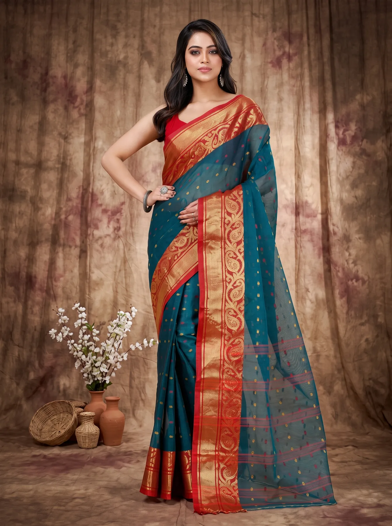 DipDiya Pure Cotton Dark Green Sachi Grace of Bengal Tant Sarees
