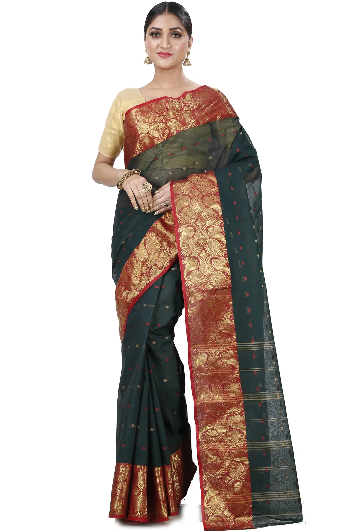 DipDiya Pure Cotton Dark Green Saloni Crafted in Bengal Tant Sarees