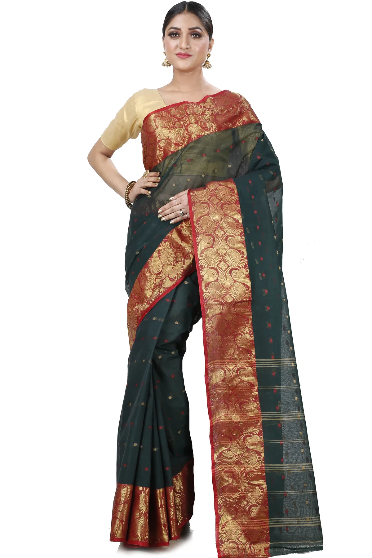 DipDiya Pure Cotton Dark Green Saloni Crafted in Bengal Tant Sarees
