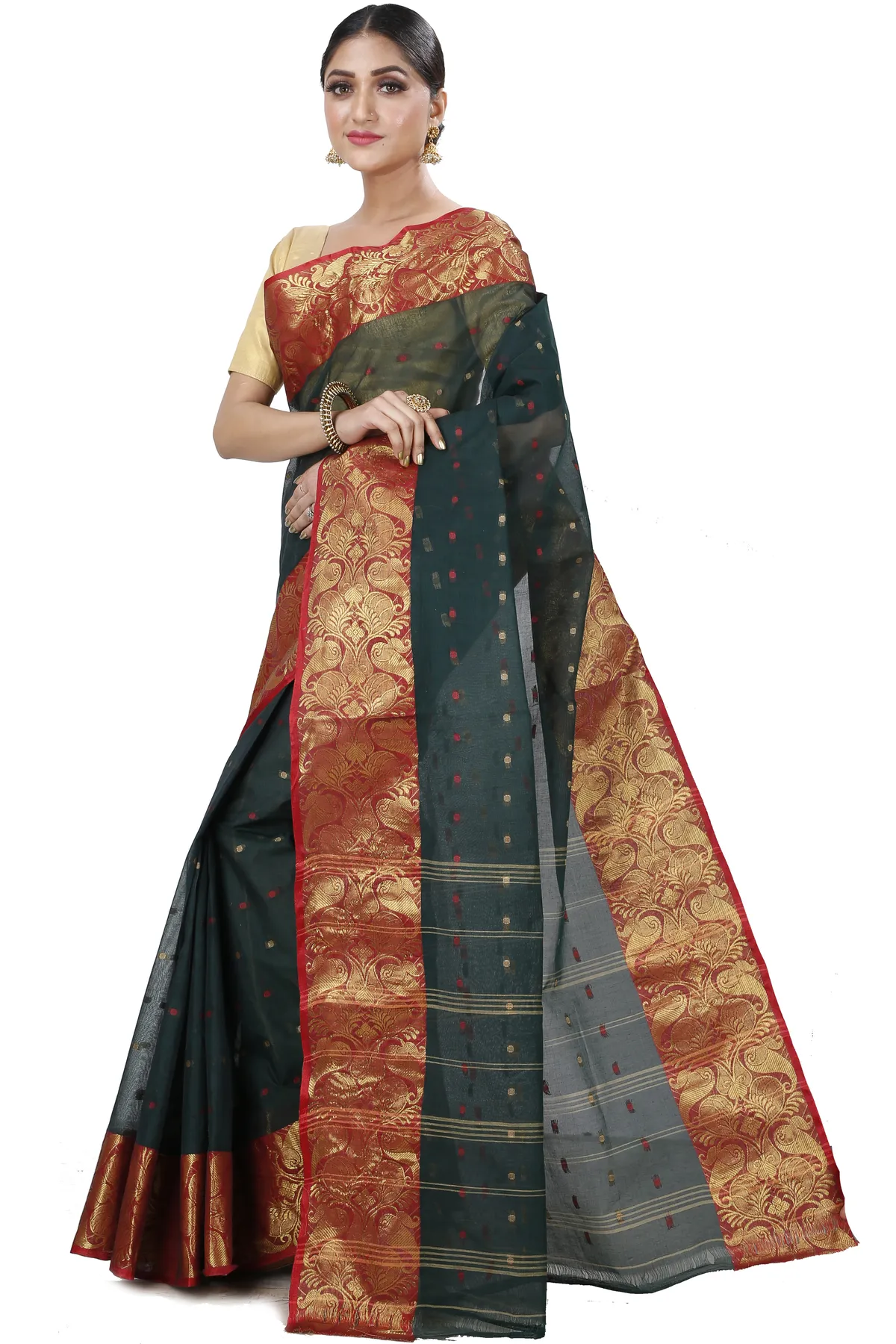 DipDiya Pure Cotton Dark Green Saloni Crafted in Bengal Tant Sarees