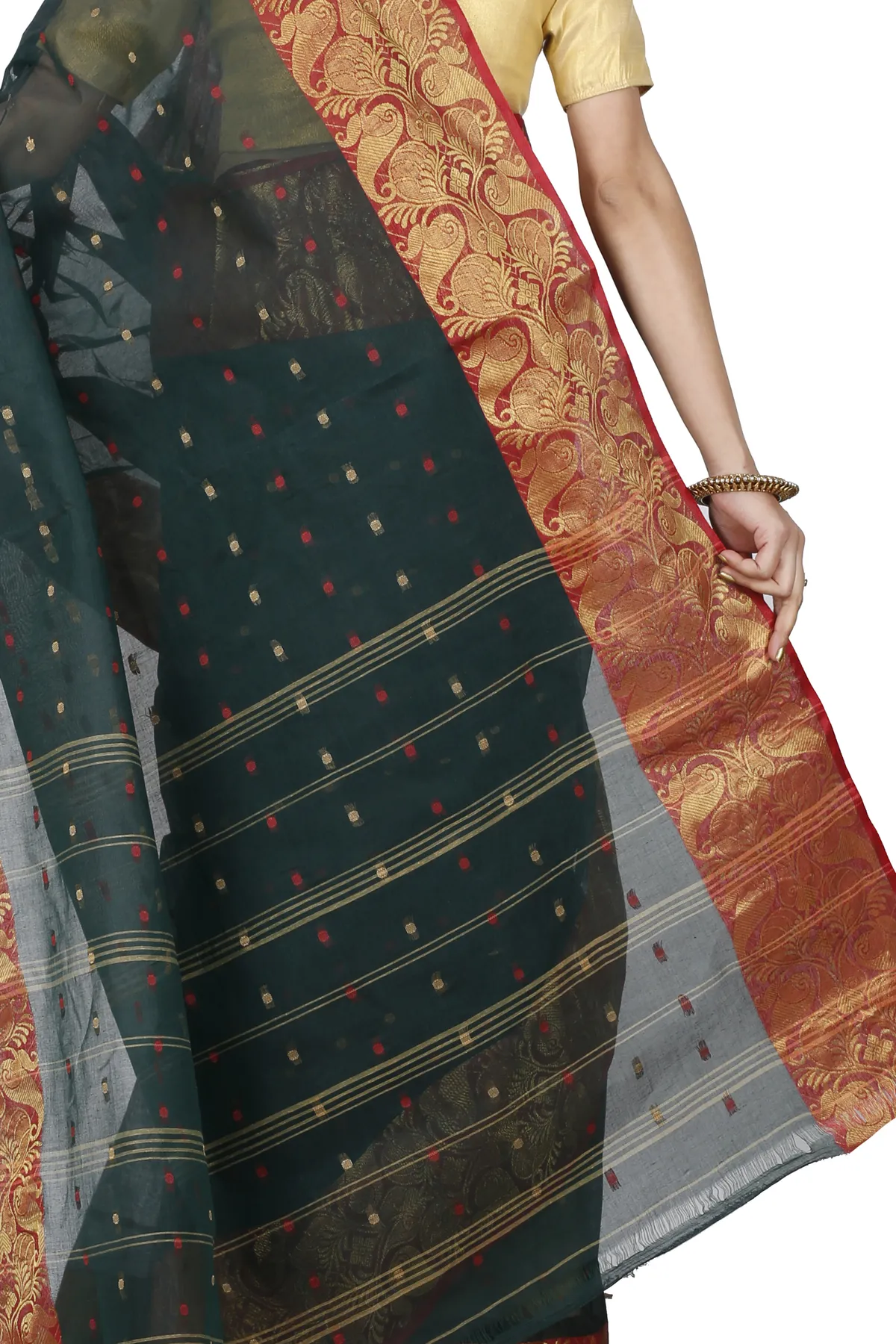 DipDiya Pure Cotton Dark Green Saloni Crafted in Bengal Tant Sarees