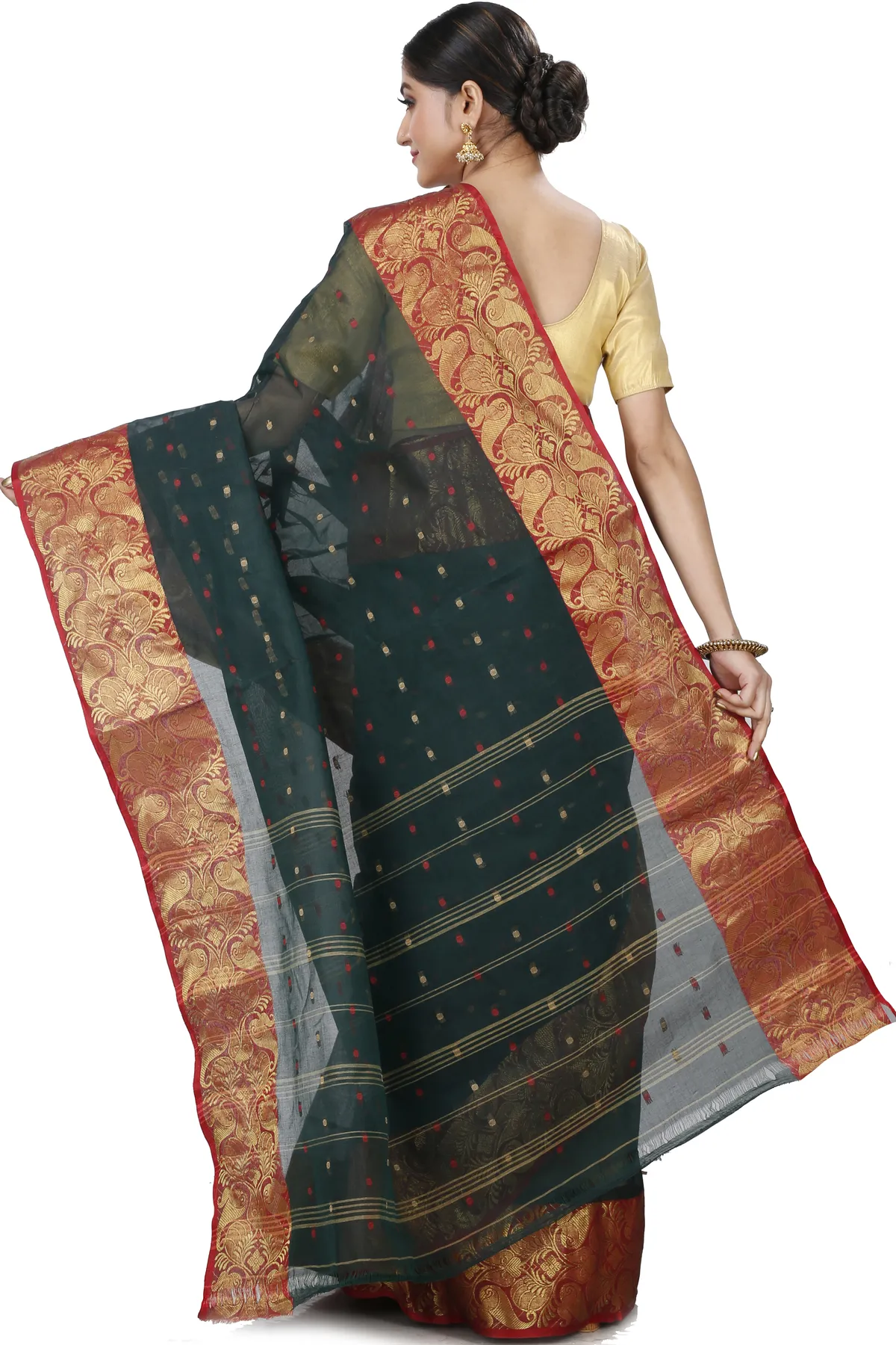 DipDiya Pure Cotton Dark Green Saloni Crafted in Bengal Tant Sarees
