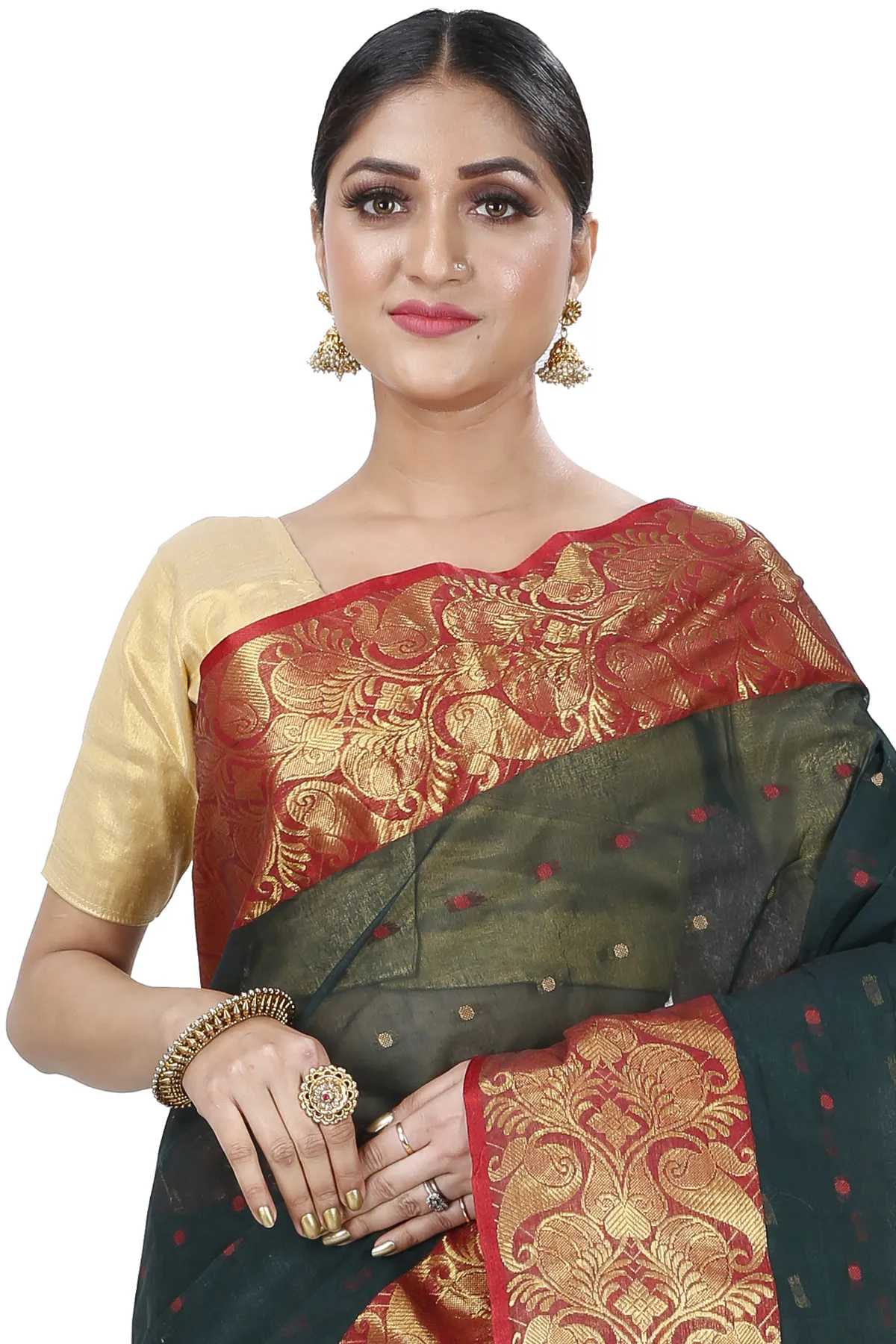 DipDiya Pure Cotton Dark Green Saloni Crafted in Bengal Tant Sarees