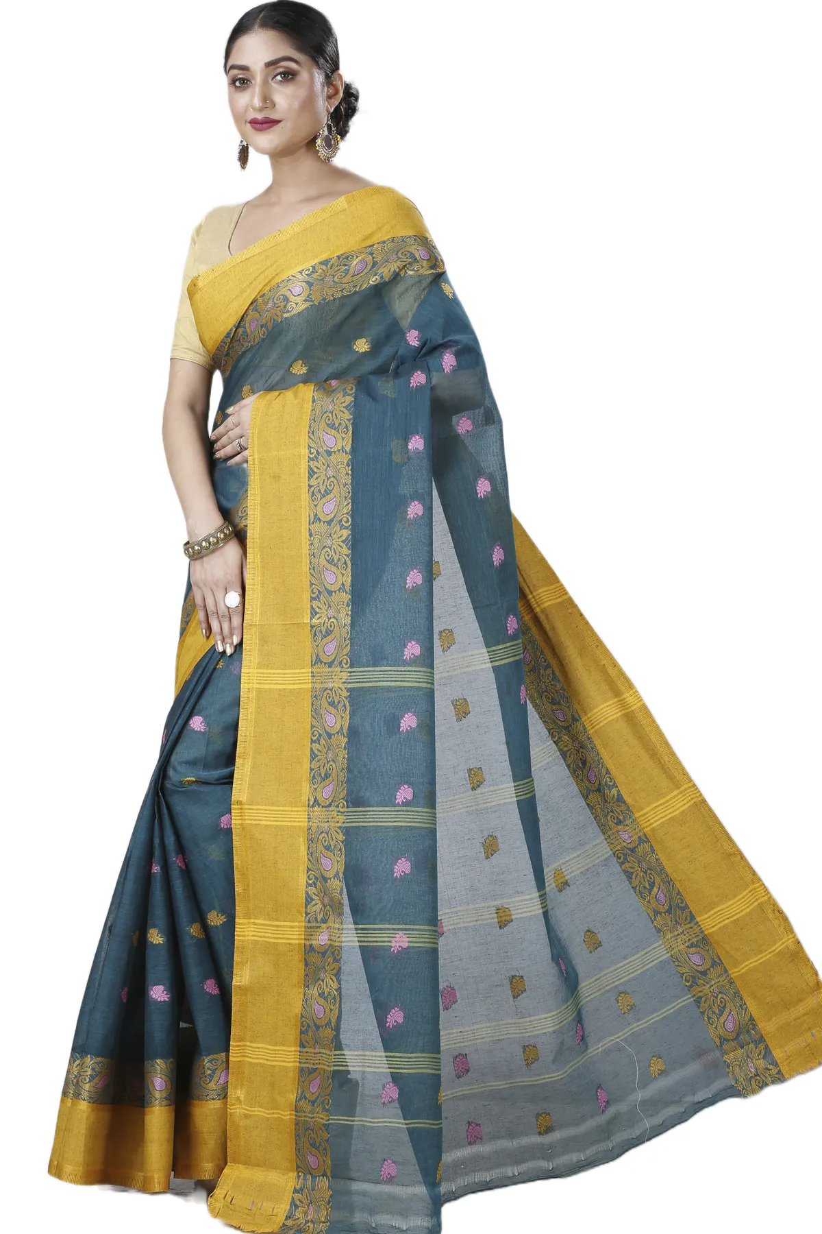 DipDiya Pure Cotton Dark Green Srimati Wrapped in Heritage Tant Sarees