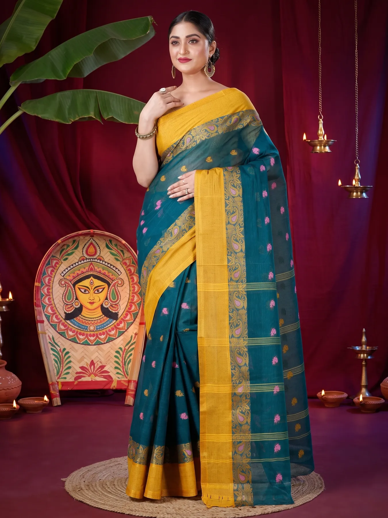 DipDiya Pure Cotton Dark Green Srimati Wrapped in Heritage Tant Sarees