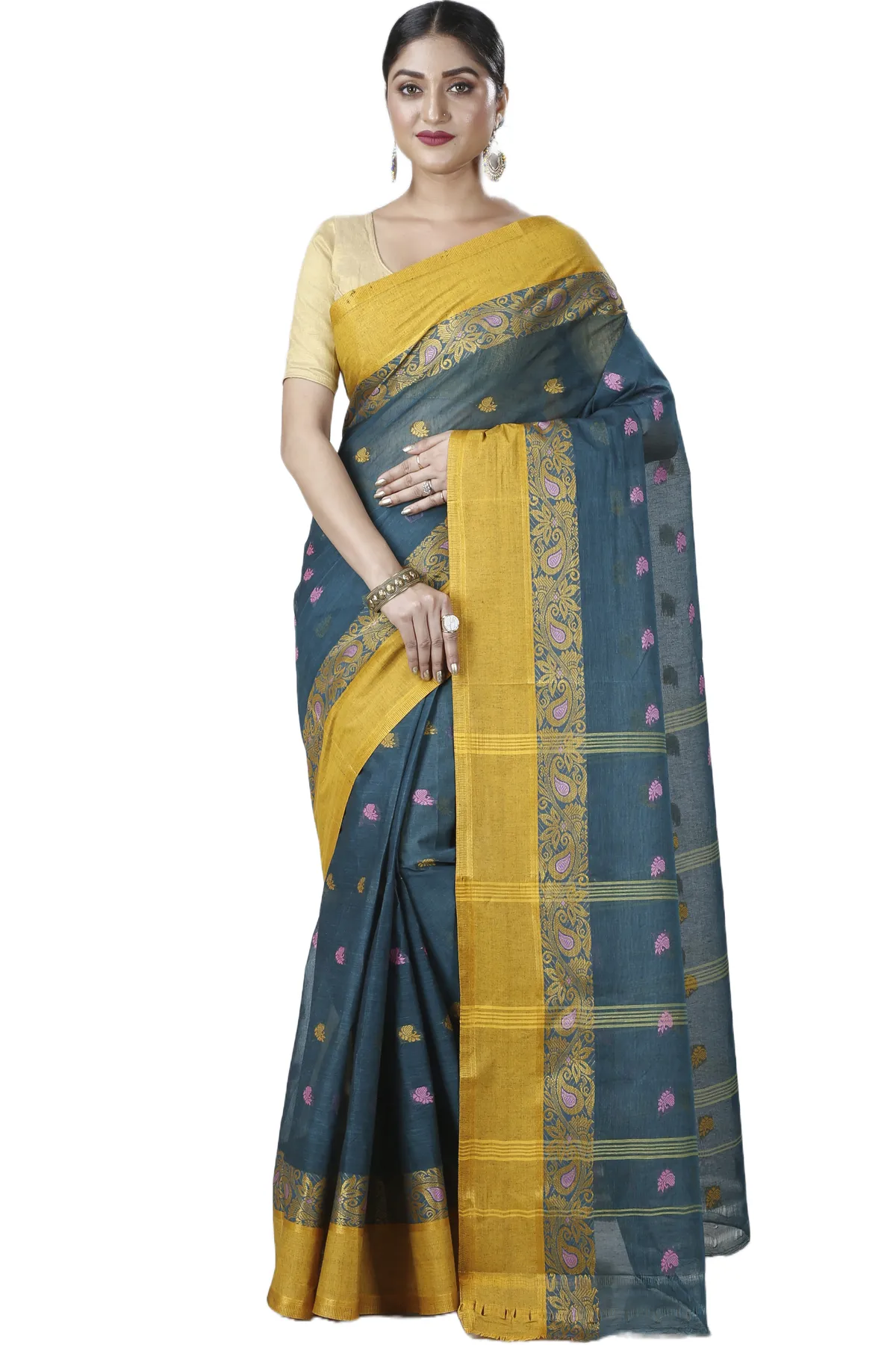 DipDiya Pure Cotton Dark Green Srimati Wrapped in Heritage Tant Sarees