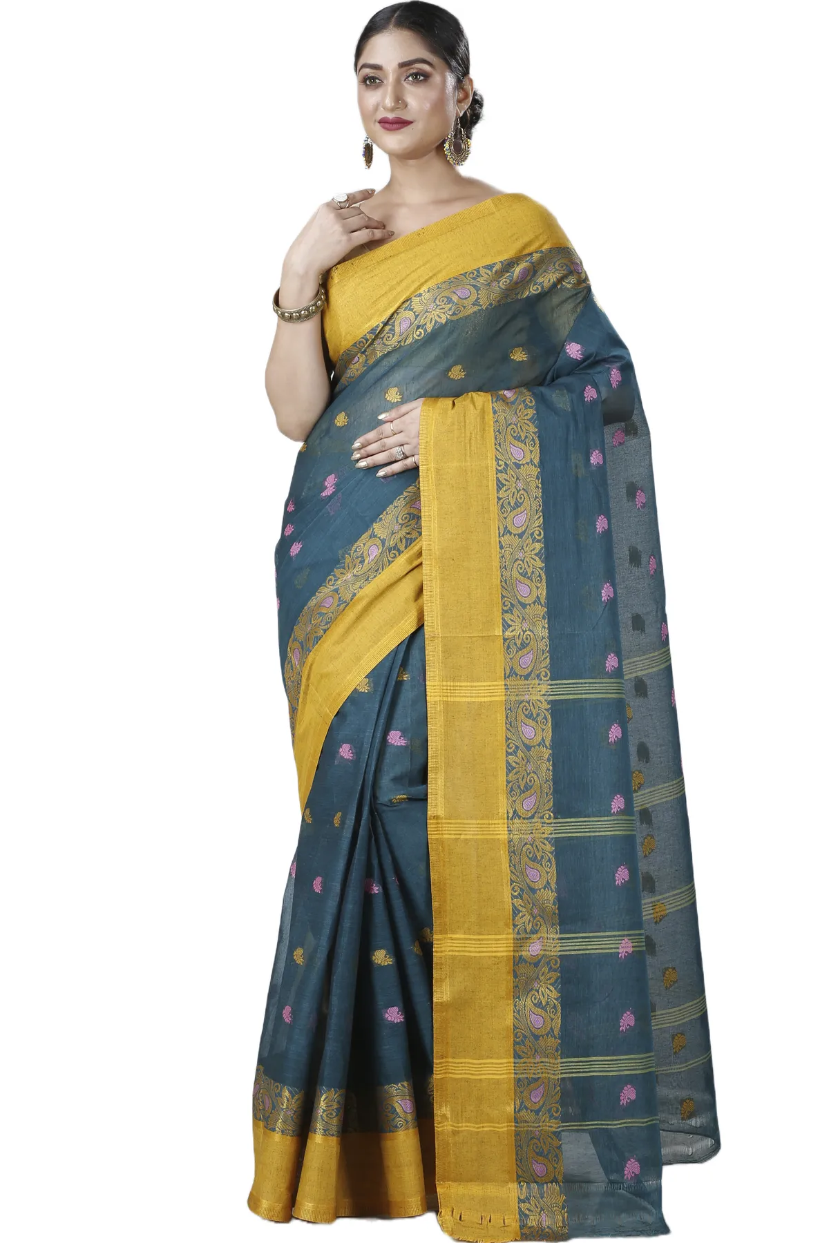 DipDiya Pure Cotton Dark Green Srimati Wrapped in Heritage Tant Sarees