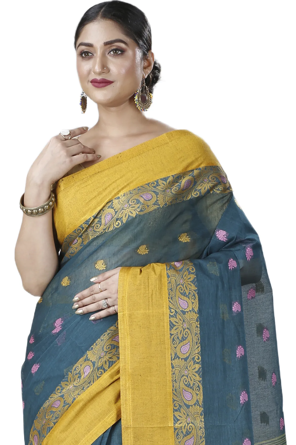 DipDiya Pure Cotton Dark Green Srimati Wrapped in Heritage Tant Sarees