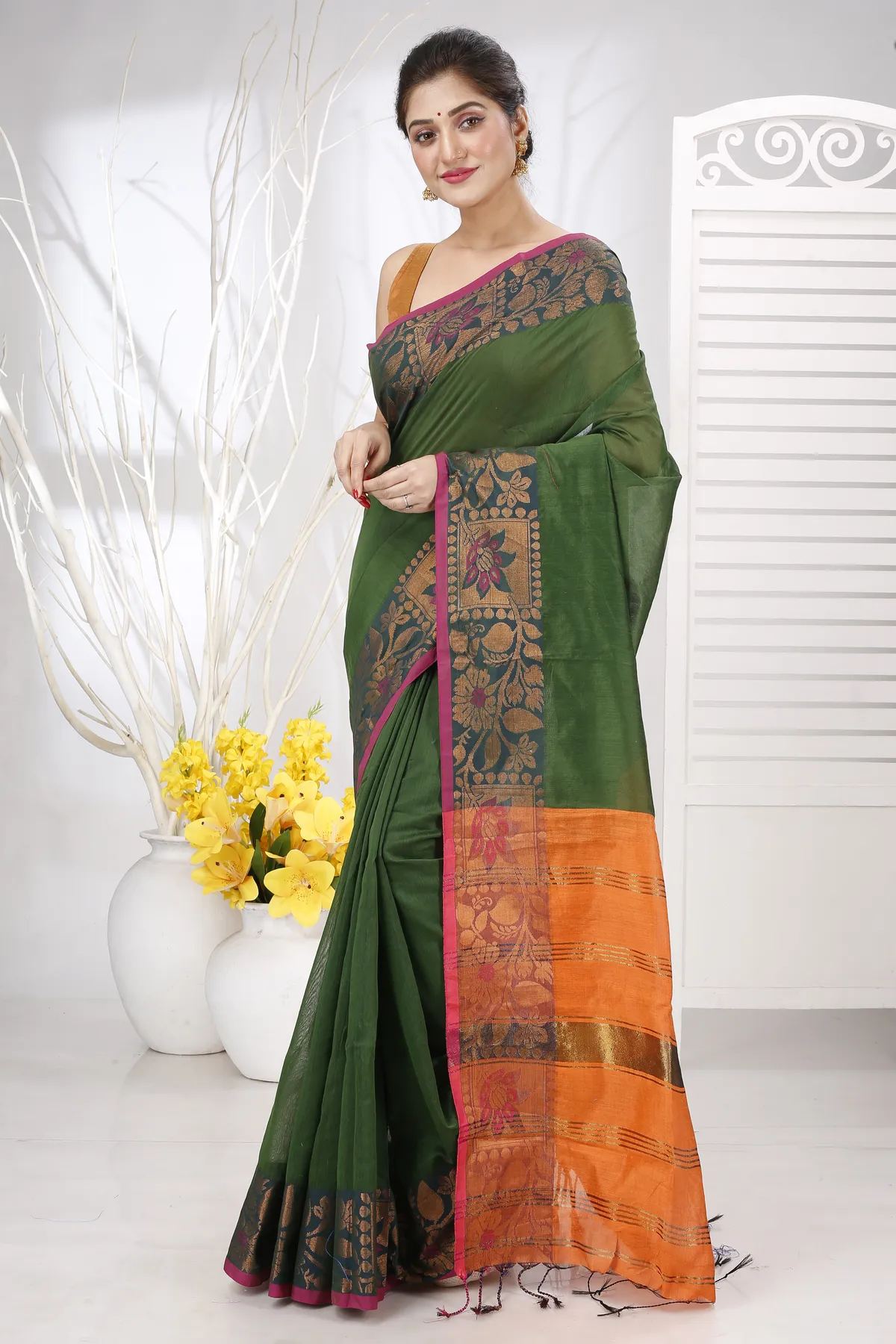 DipDiya Pure Cotton Dark Green Swarno Elegant by Tradition Handloom Sarees