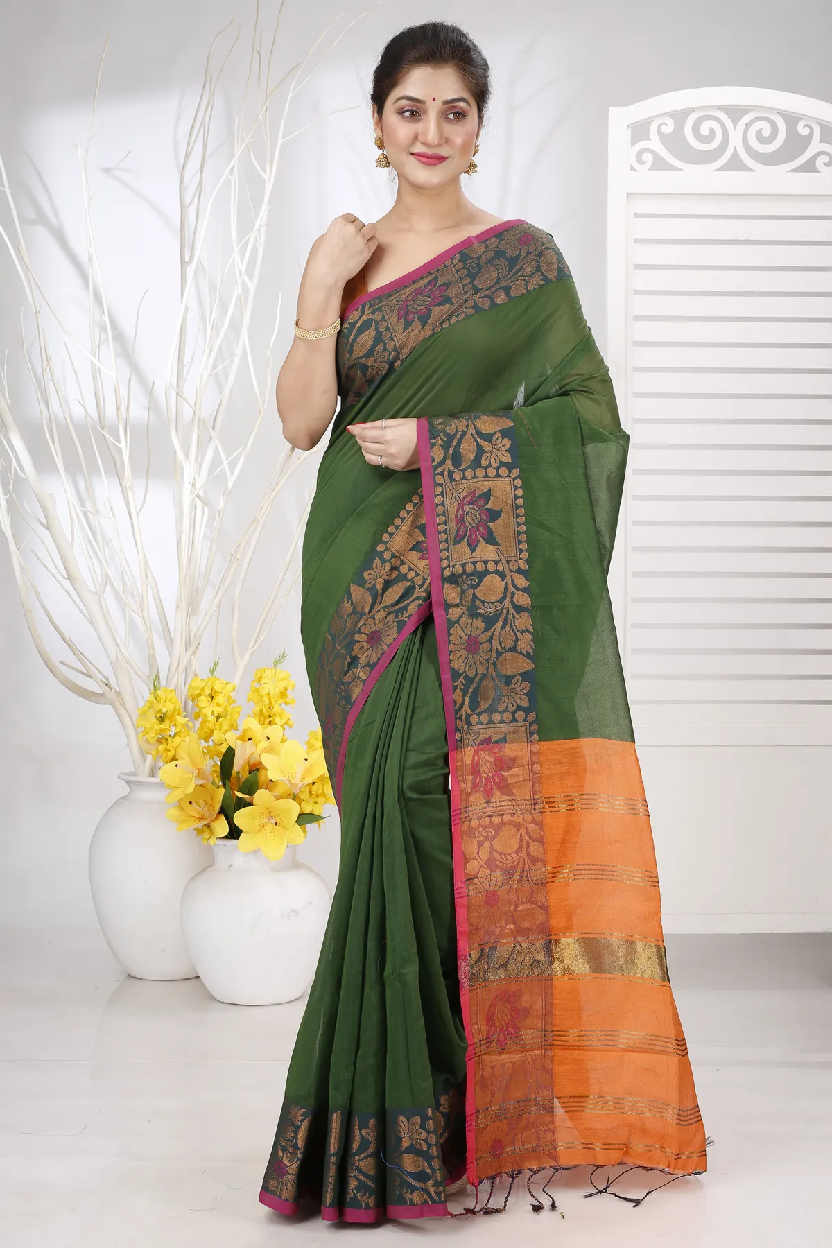 DipDiya Pure Cotton Dark Green Swarno Elegant by Tradition Handloom Sarees