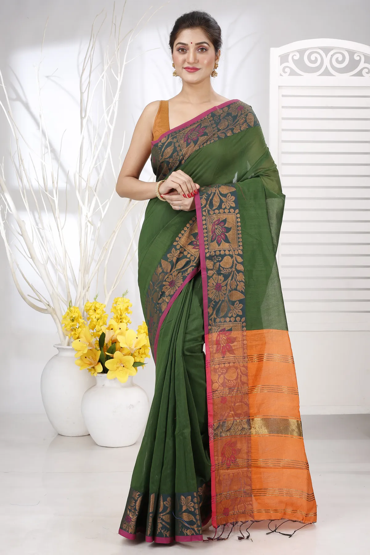 DipDiya Pure Cotton Dark Green Swarno Elegant by Tradition Handloom Sarees